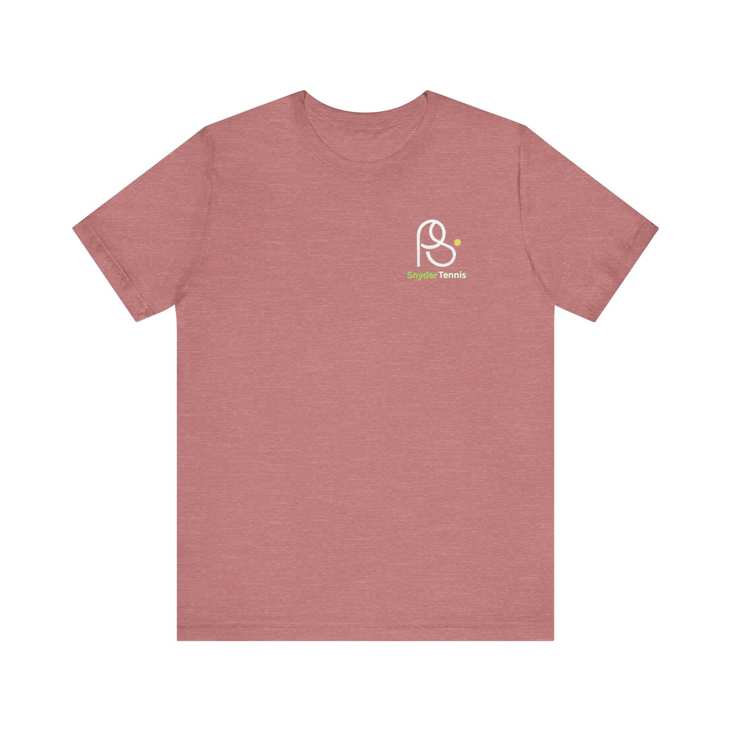 Front view of dusty rose heather tee featuring white outlined P.S. logo and green P.S. Tennis text