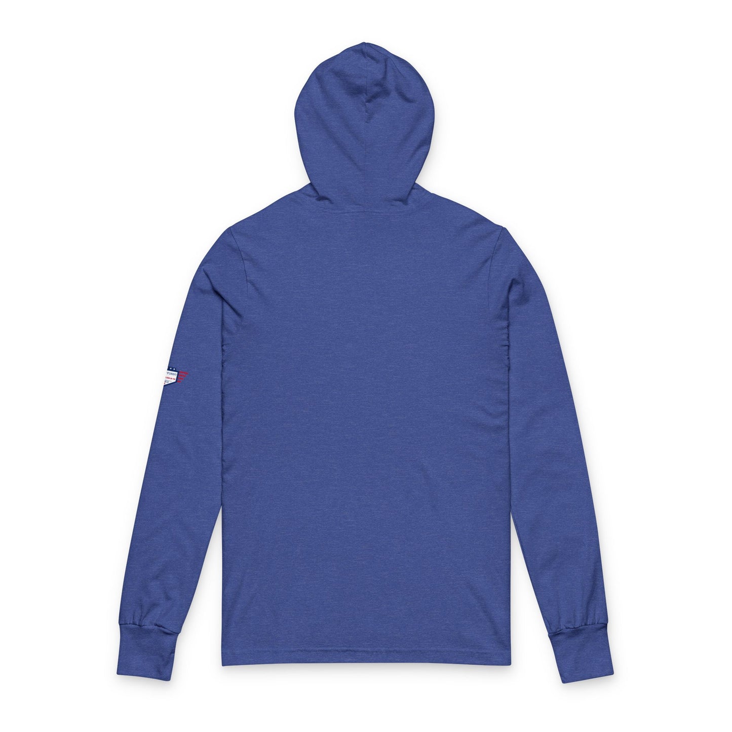 Back view of heather royal blue unisex hoodie, plain with arm sleeve patch