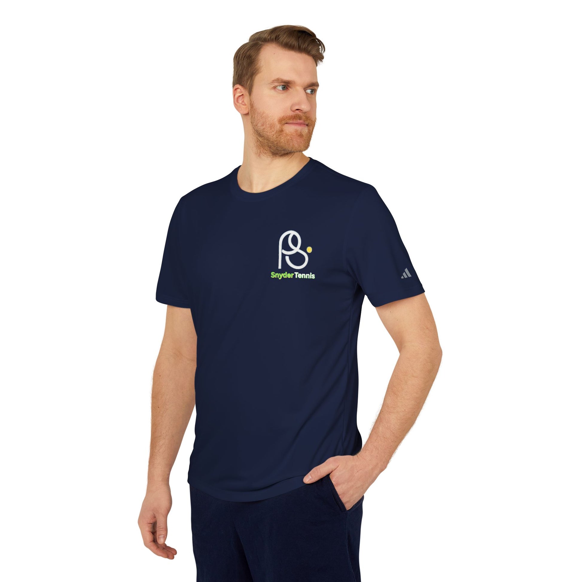 Male model rocking navy Coach Pete Snyder adidas tee front, HT sleeve logo with green tennis racket detail
