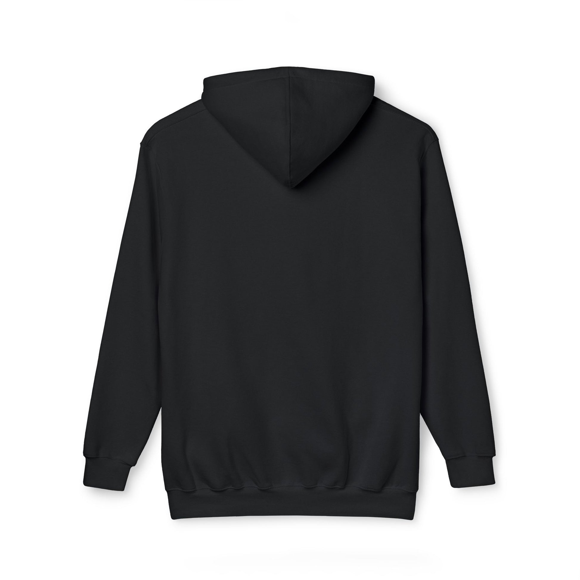 Back view of plain black hoodie, sleek and stealthy for post-apocalypse lounging