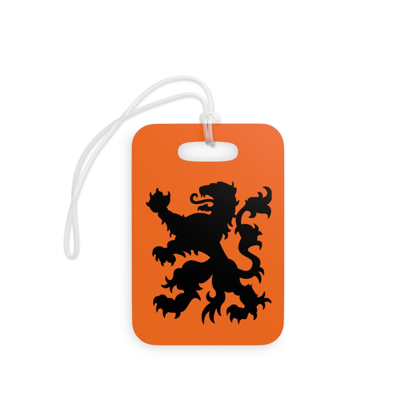 Front view of rectangular orange Dutch Lion luggage tag with bold black heraldic lion rampant and white strap