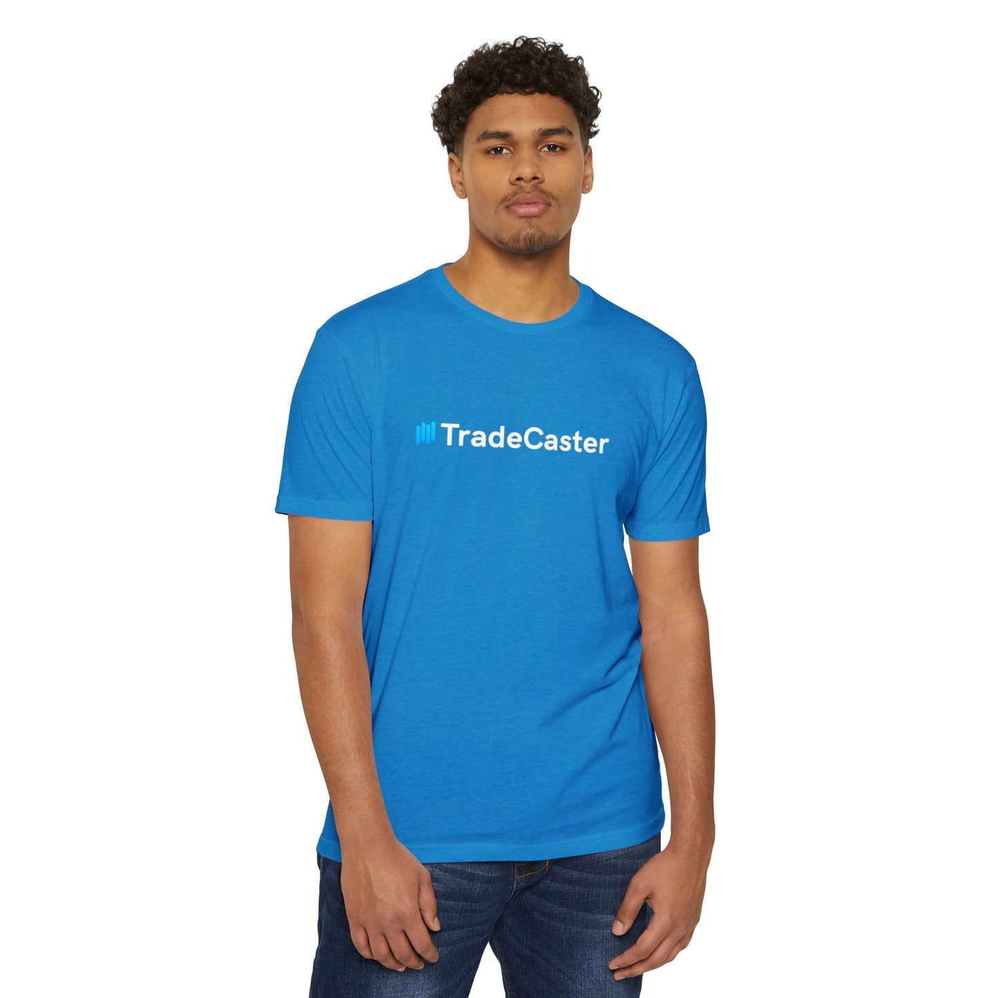 Black man rocks turquoise TradeCaster front, blue text gleaming on CVC jersey tee