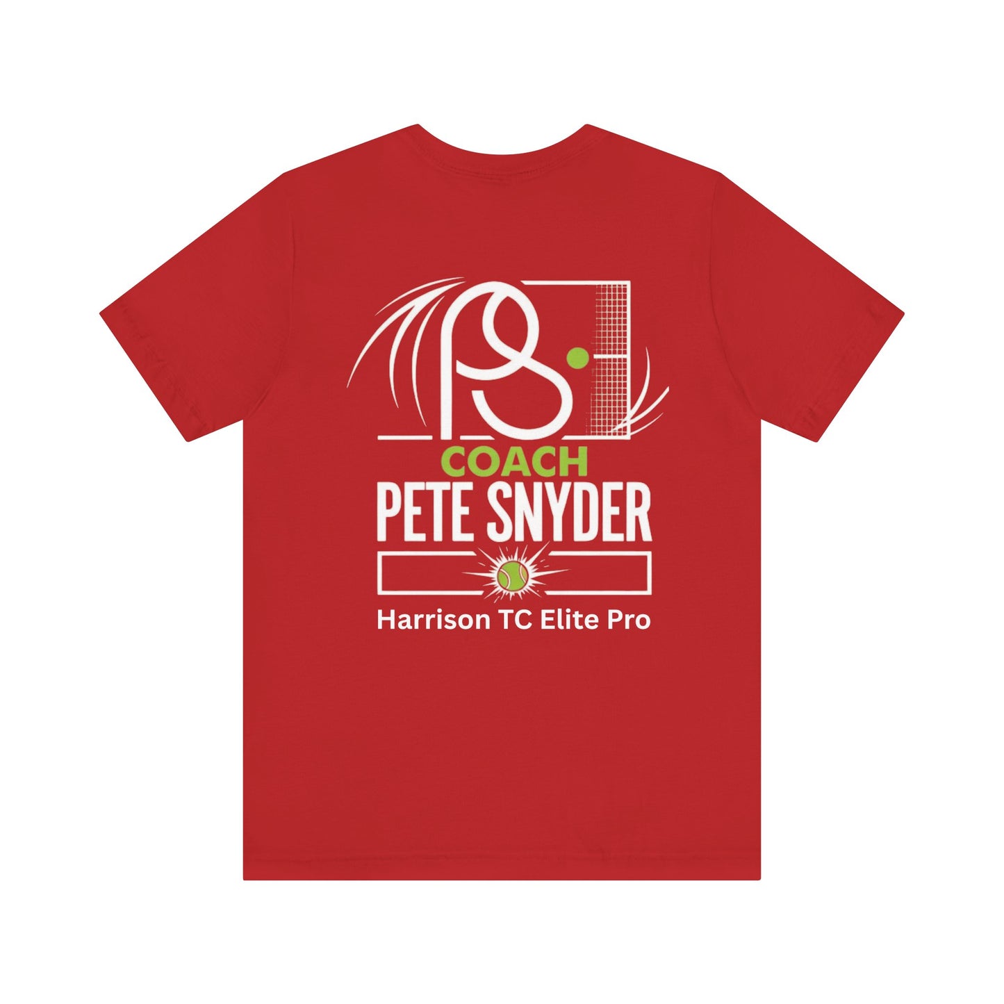 Flat lay back of bright heather red tee featuring white tennis racket/net, "COACH PETE SNYDER Harrison TC Elite Pro" print
