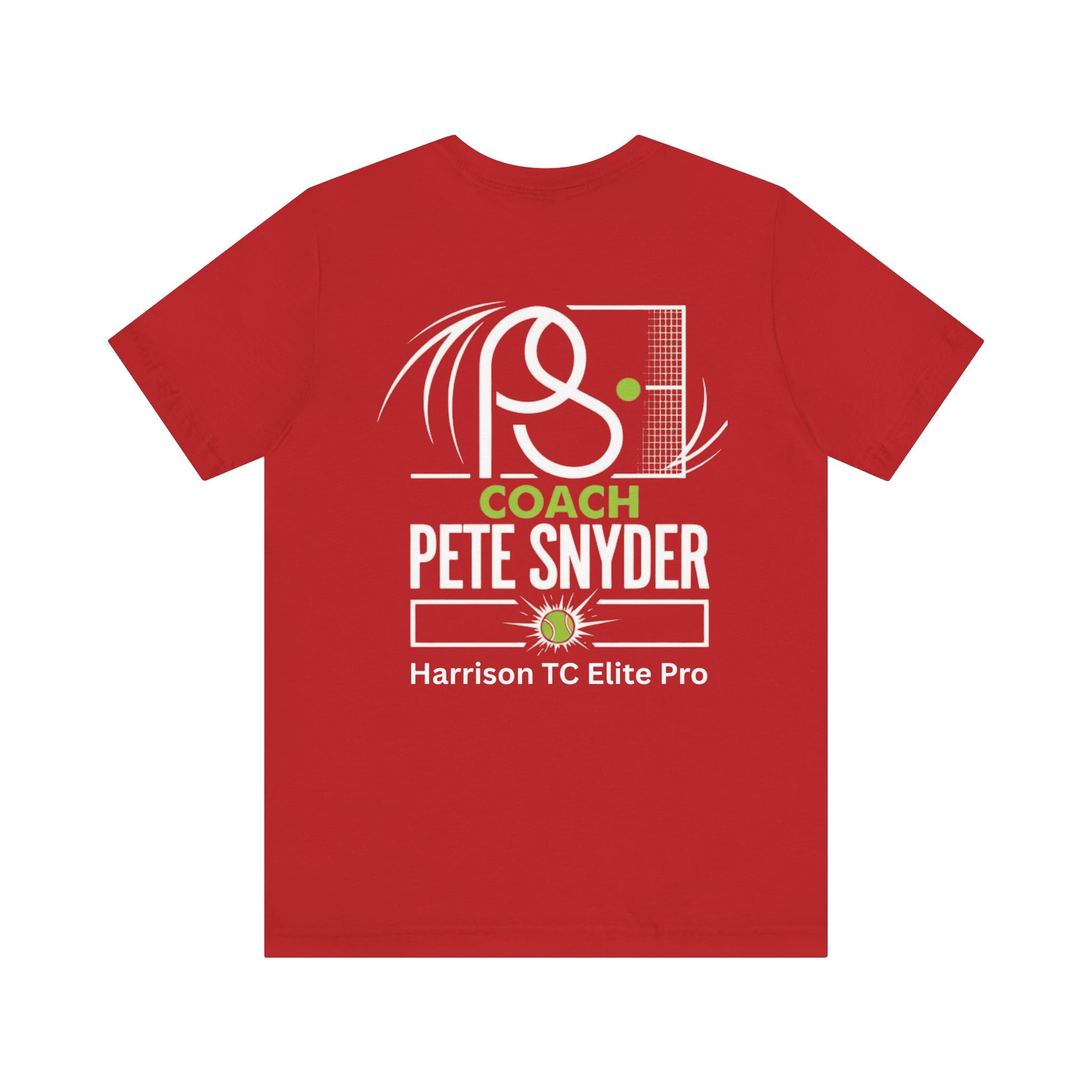 Flat lay back of bright heather red tee featuring white tennis racket/net, "COACH PETE SNYDER Harrison TC Elite Pro" print