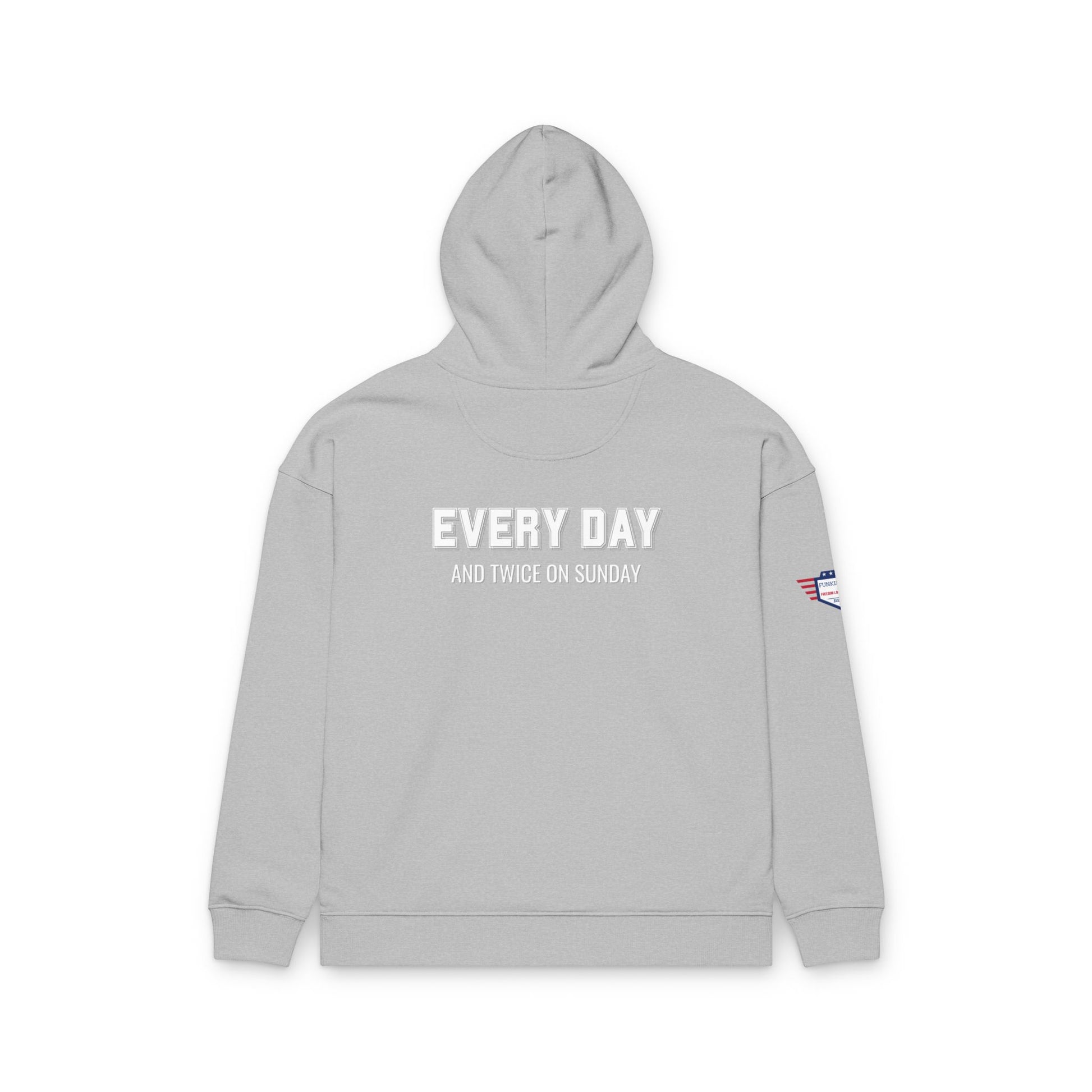 Heather grey Bonus Dad hoodie back view, embossed "EVERY DAY AND TWICE ON SUNDAY" and flag patch