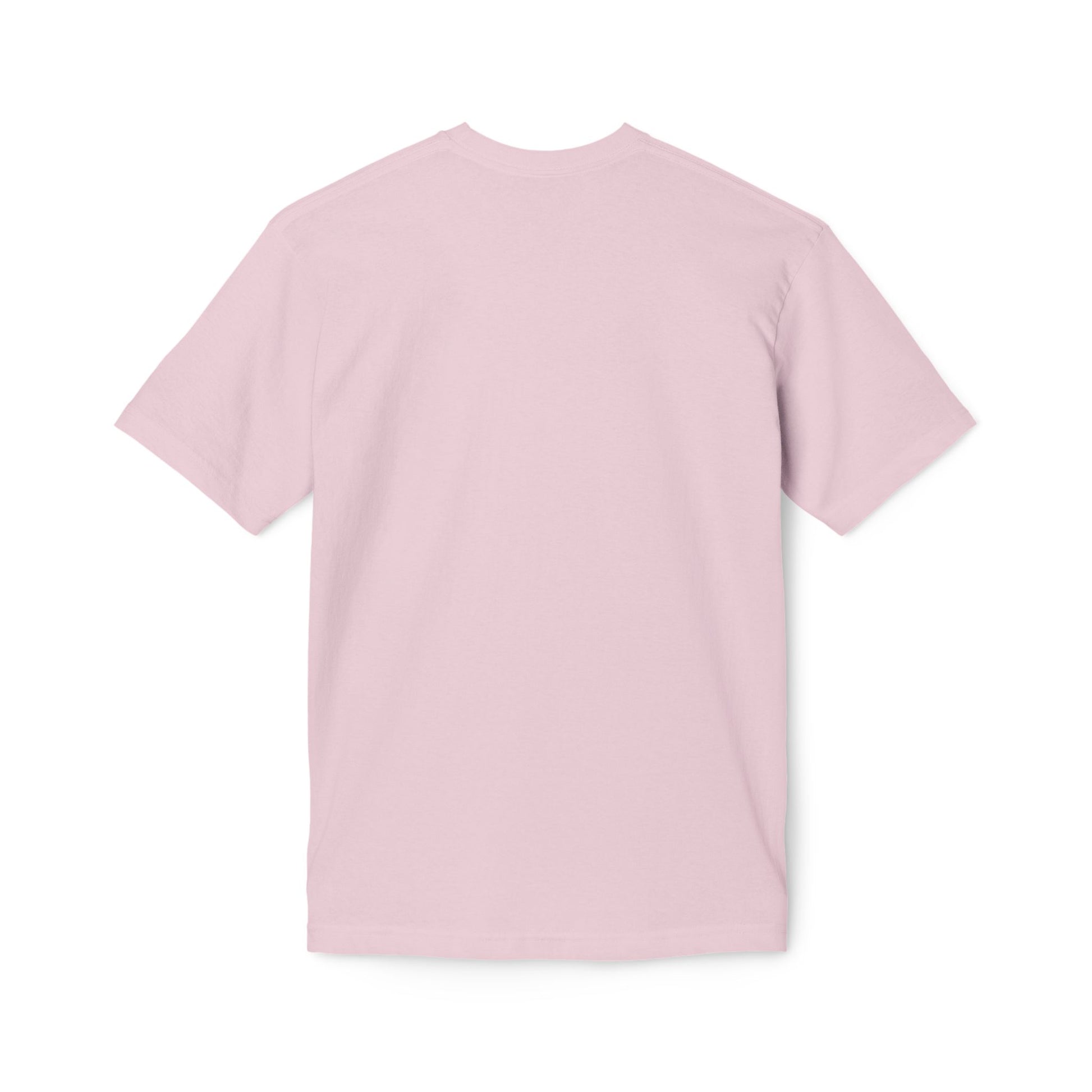 Back view of plain light pink short-sleeve tee, soft and stir-ready