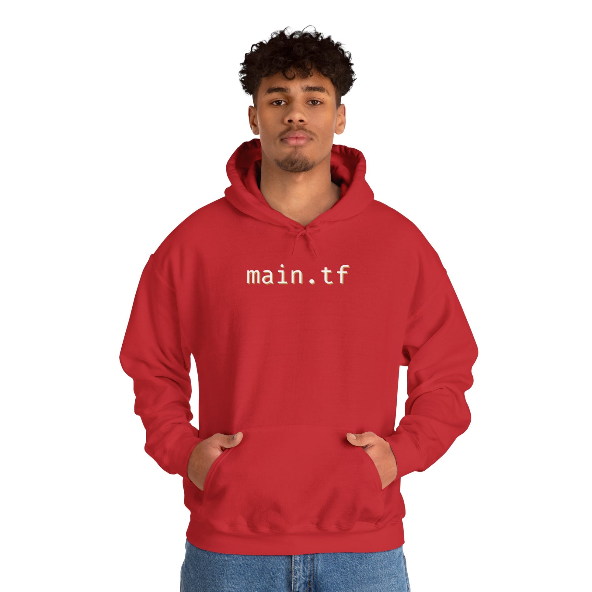 Male model smiling front view in red hoodie with "main.tf" print