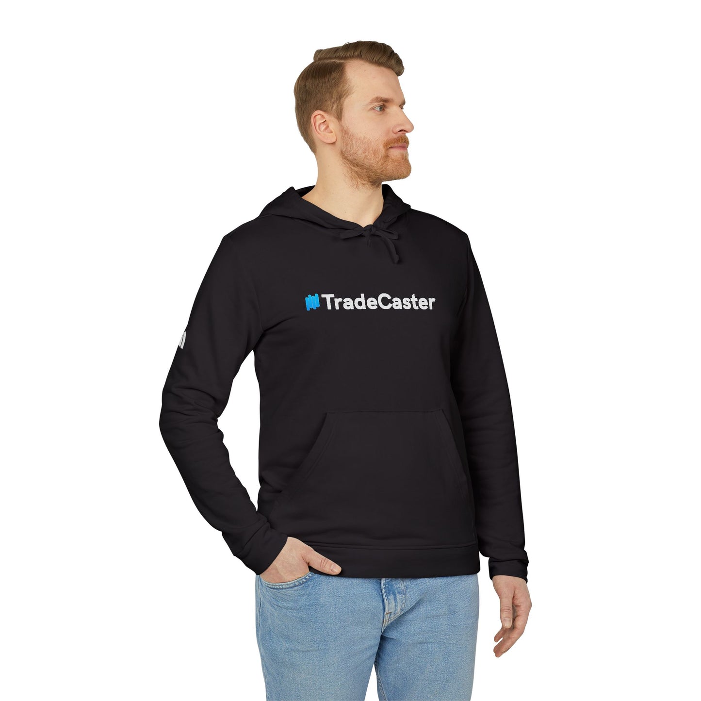 Ginger guy side view rocking navy #TradeCaster Adidas hoodie, jeans casual, sleeve logo peeks