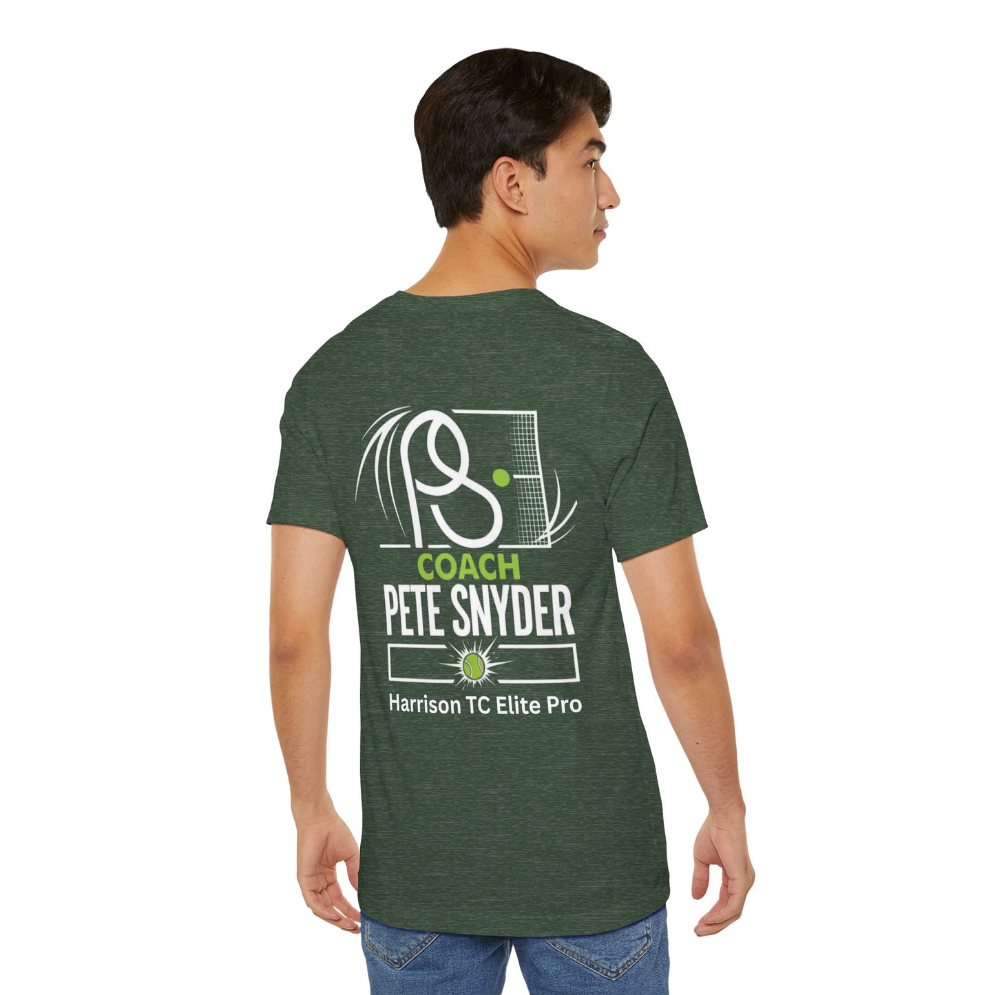 Male model side/back view of heather forest green Coach Pete Snyder tee, displaying full "Coach Pete Snyder" graphic
