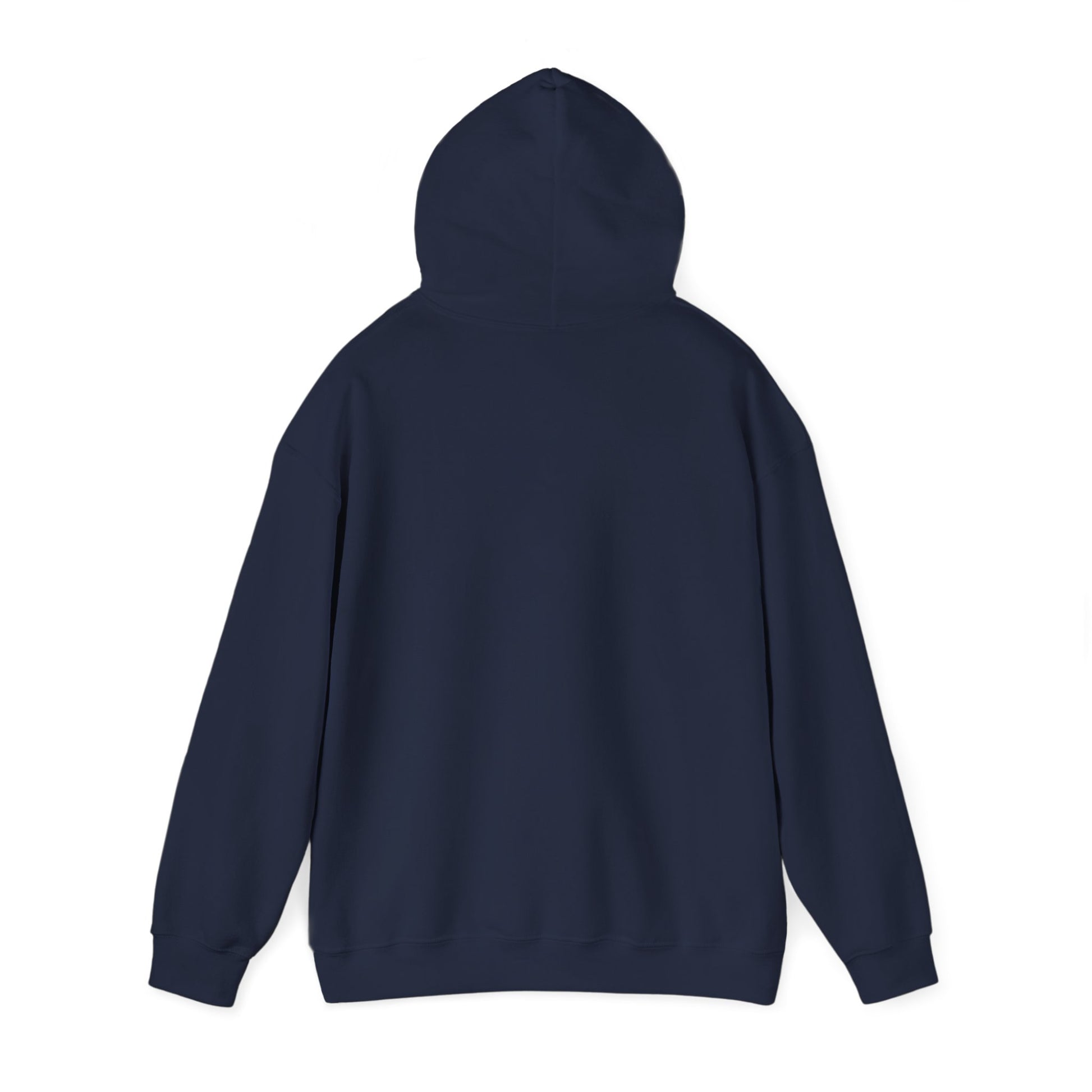 Rear view of navy hoodie flat lay, double-lined hood with matching drawstrings