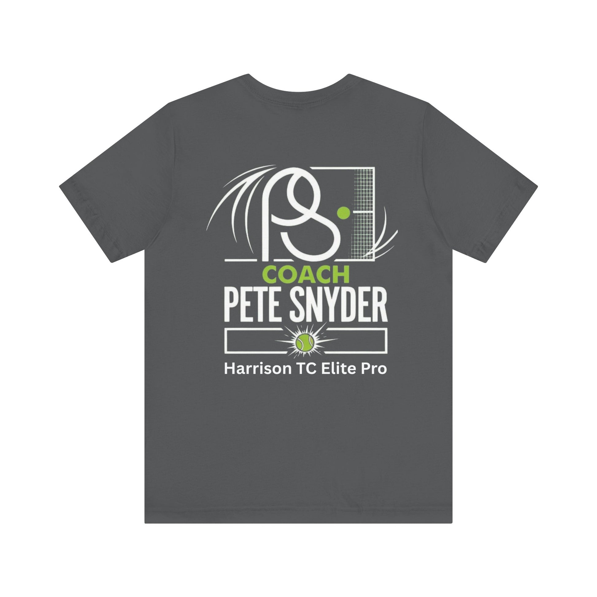 Flat back of heather gray tee, white racket/net swish design with green accents, "COACH PETE SNYDER Harrison TC Elite Pro"