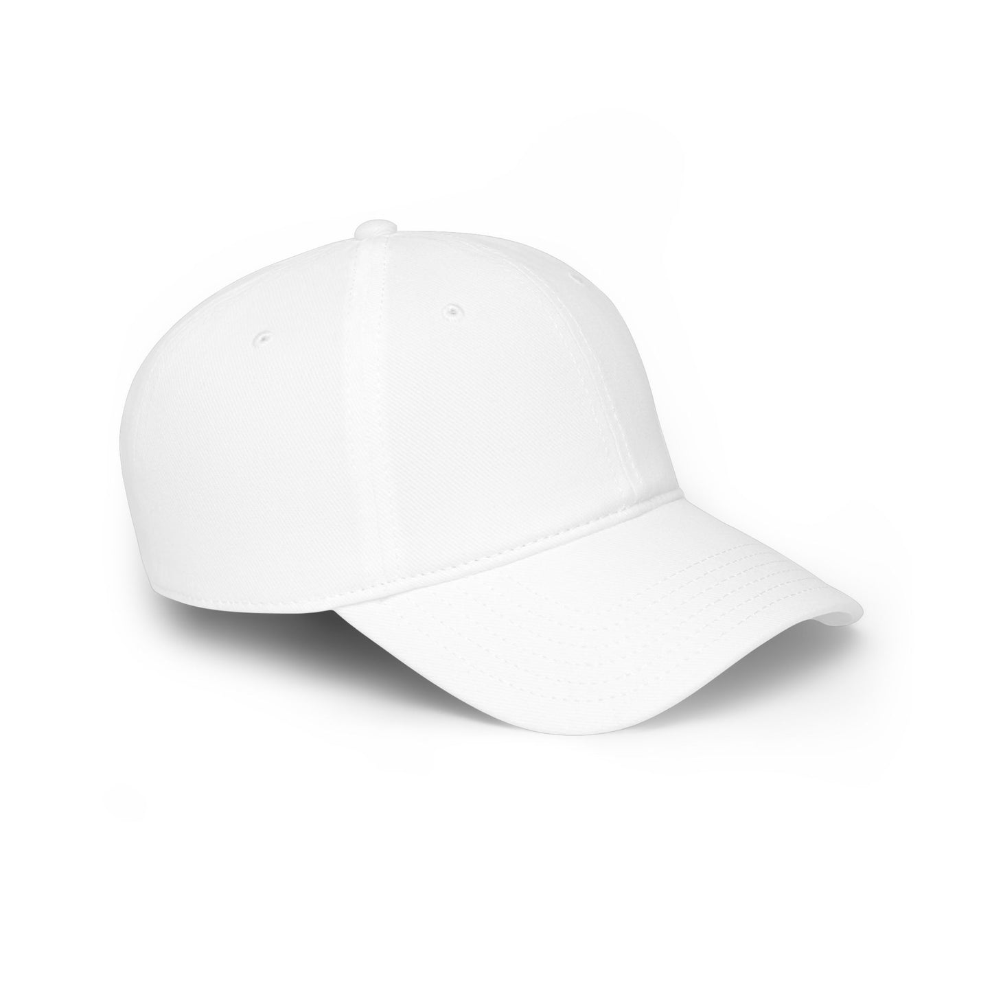 Right side view of plain white unstructured baseball cap with curved brim