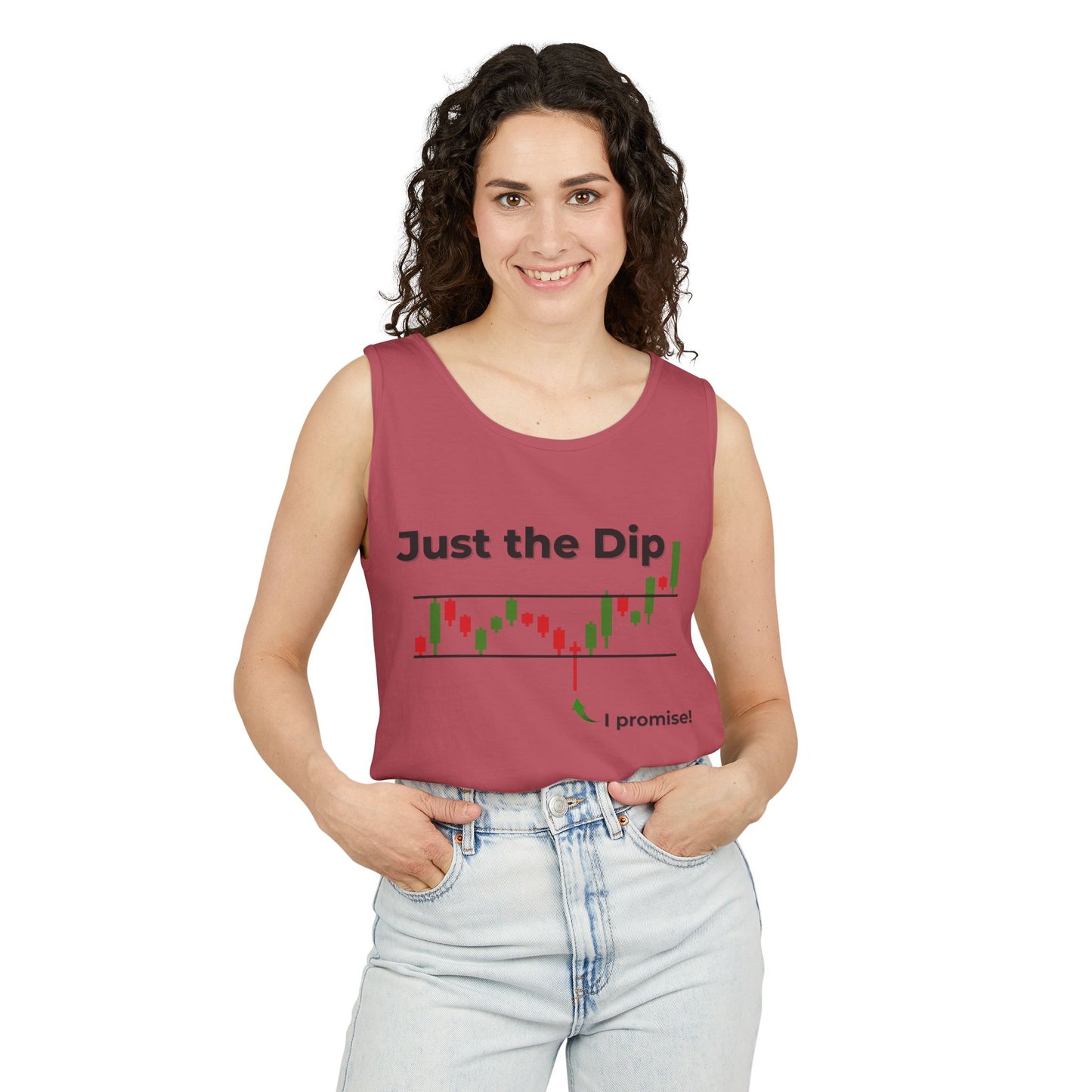 Curly-haired woman smiles wearing hot pink tank front: "Just the Dip" chart dip with green "i promise!" arrow, jeans