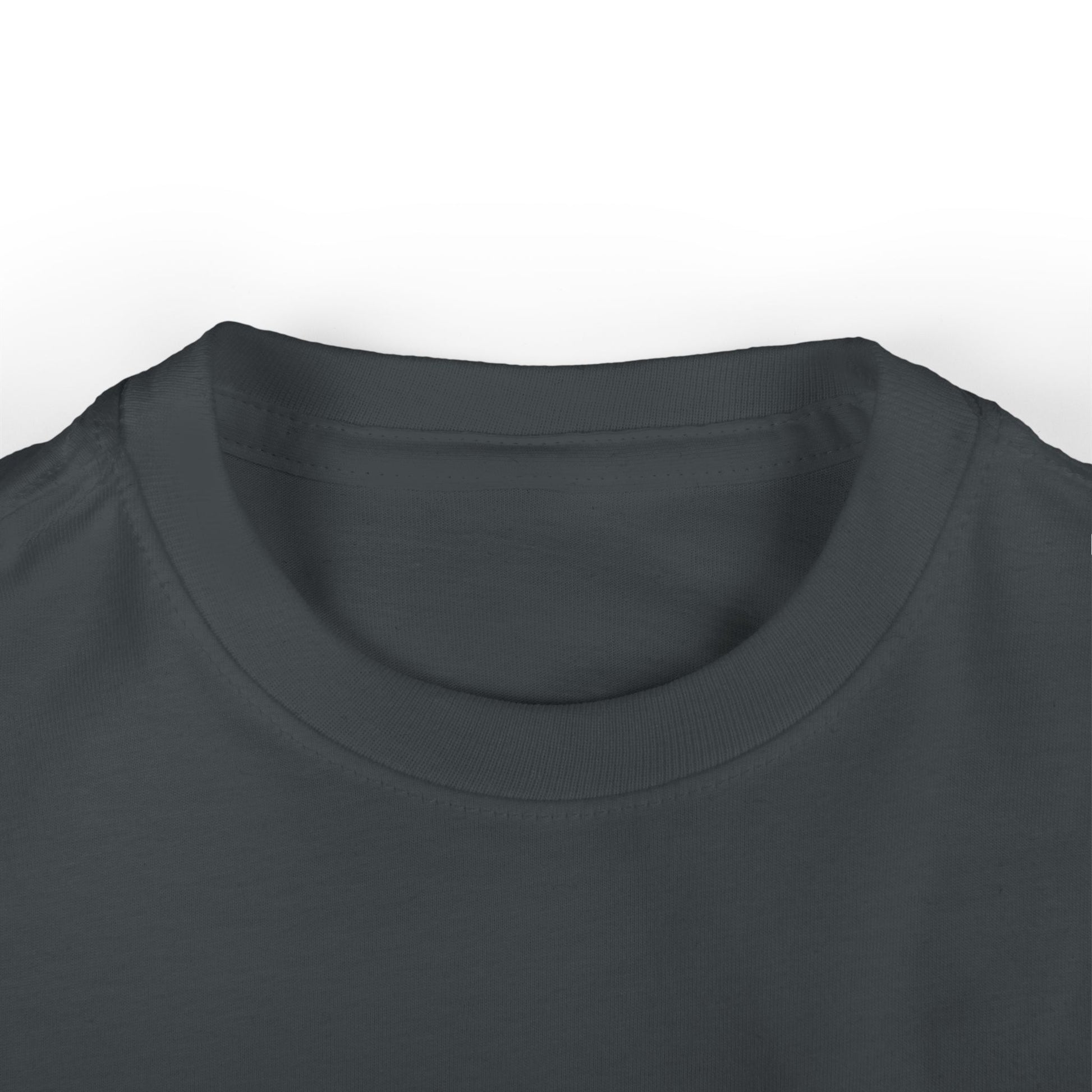 Close-up ribbed collar on charcoal gray 'Mountain Biker in training' infant tee