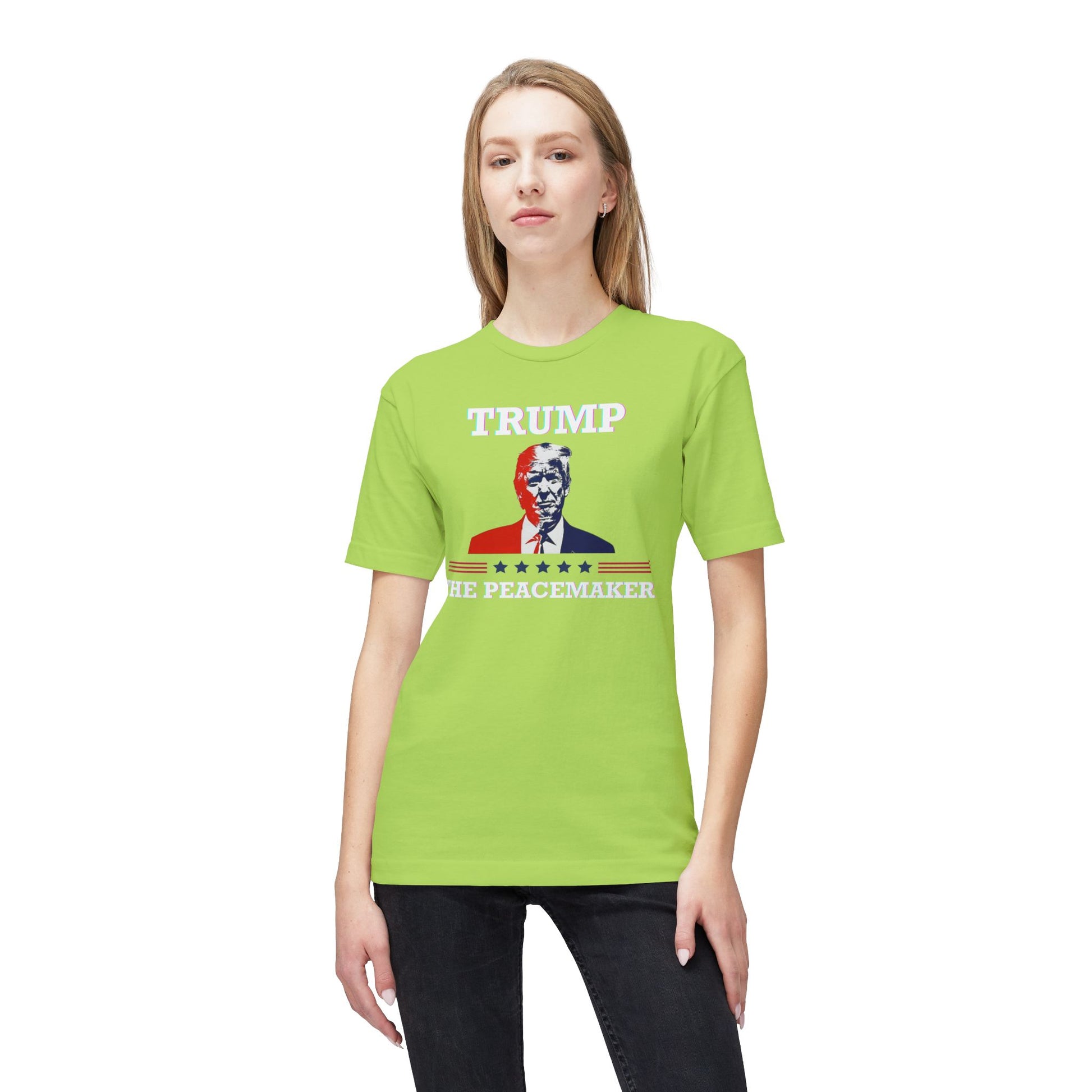 Blonde model rocking front view of bright lime green "TRUMP HE PEACEMAKER" tee portrait design