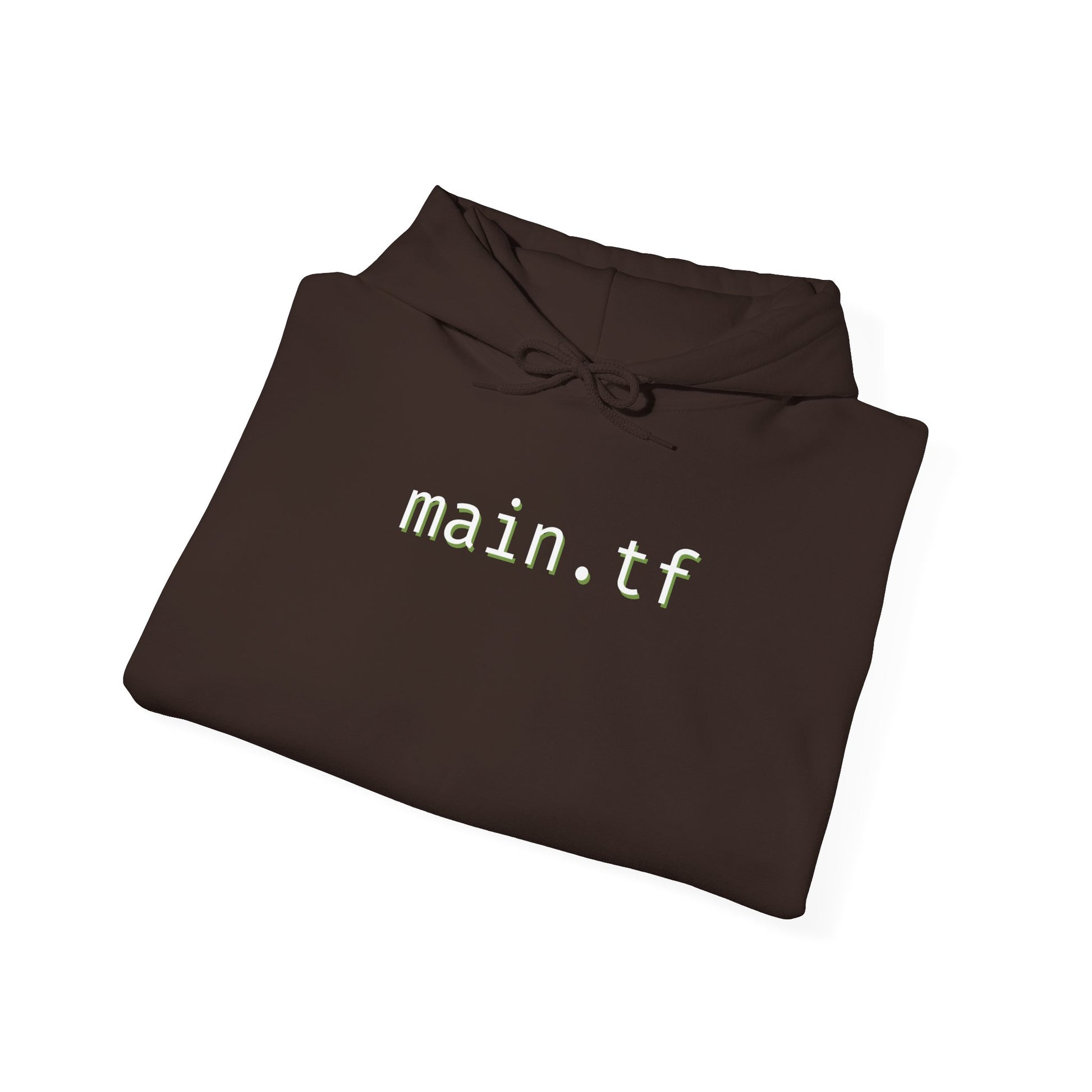 Female model wearing dark maroon "main.tf" hoodie front, hands in pockets