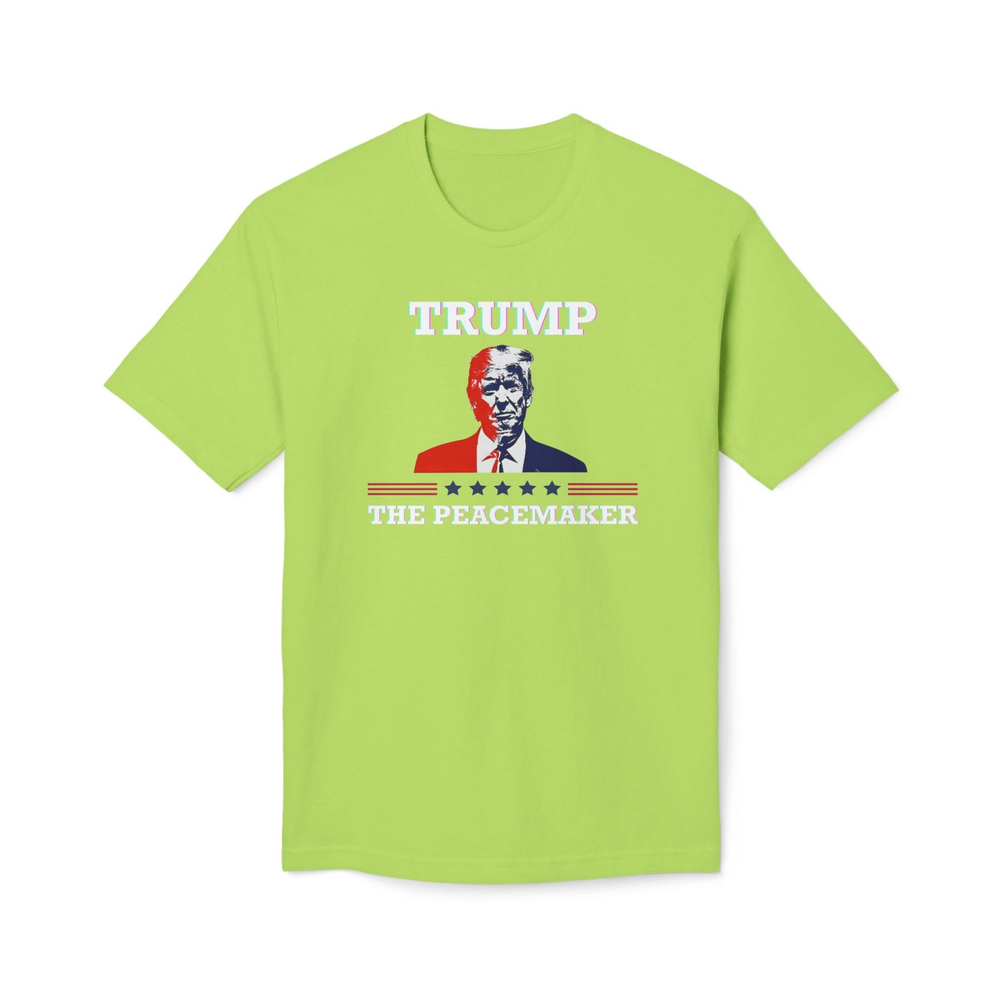 Front view of lime green "Trump The Peacemaker" t-shirt—standout white text, Trump face, striped banner