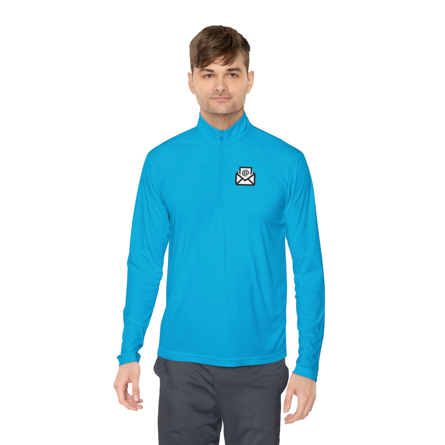 Male model in bright cyan quarter-zip pullover front view, white envelope emblem, grey pants