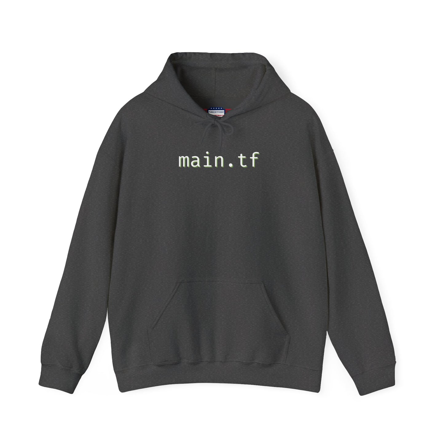 Front view of dark gray main.tf hoodie featuring centered white "main.tf" print