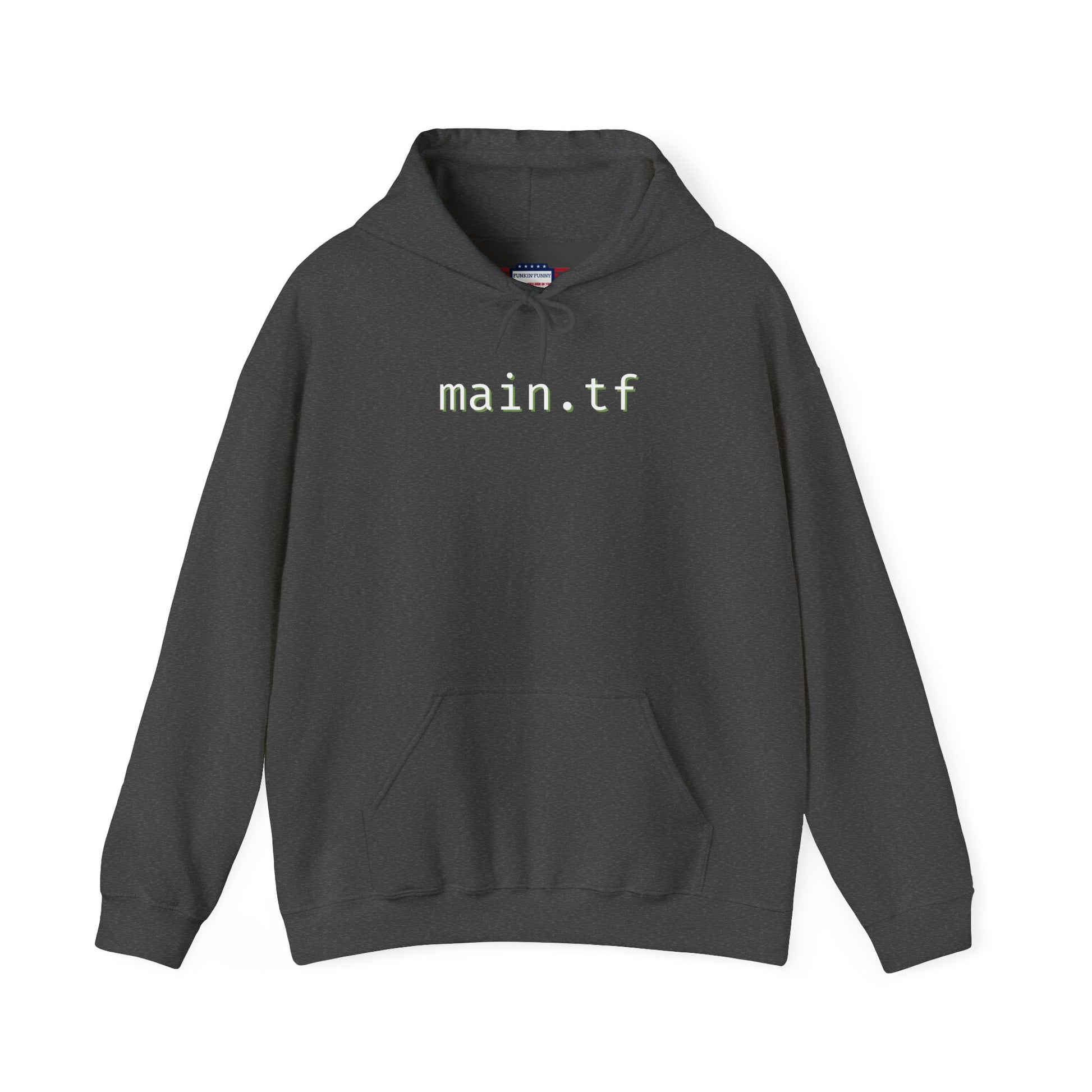Front view of dark gray main.tf hoodie featuring centered white "main.tf" print
