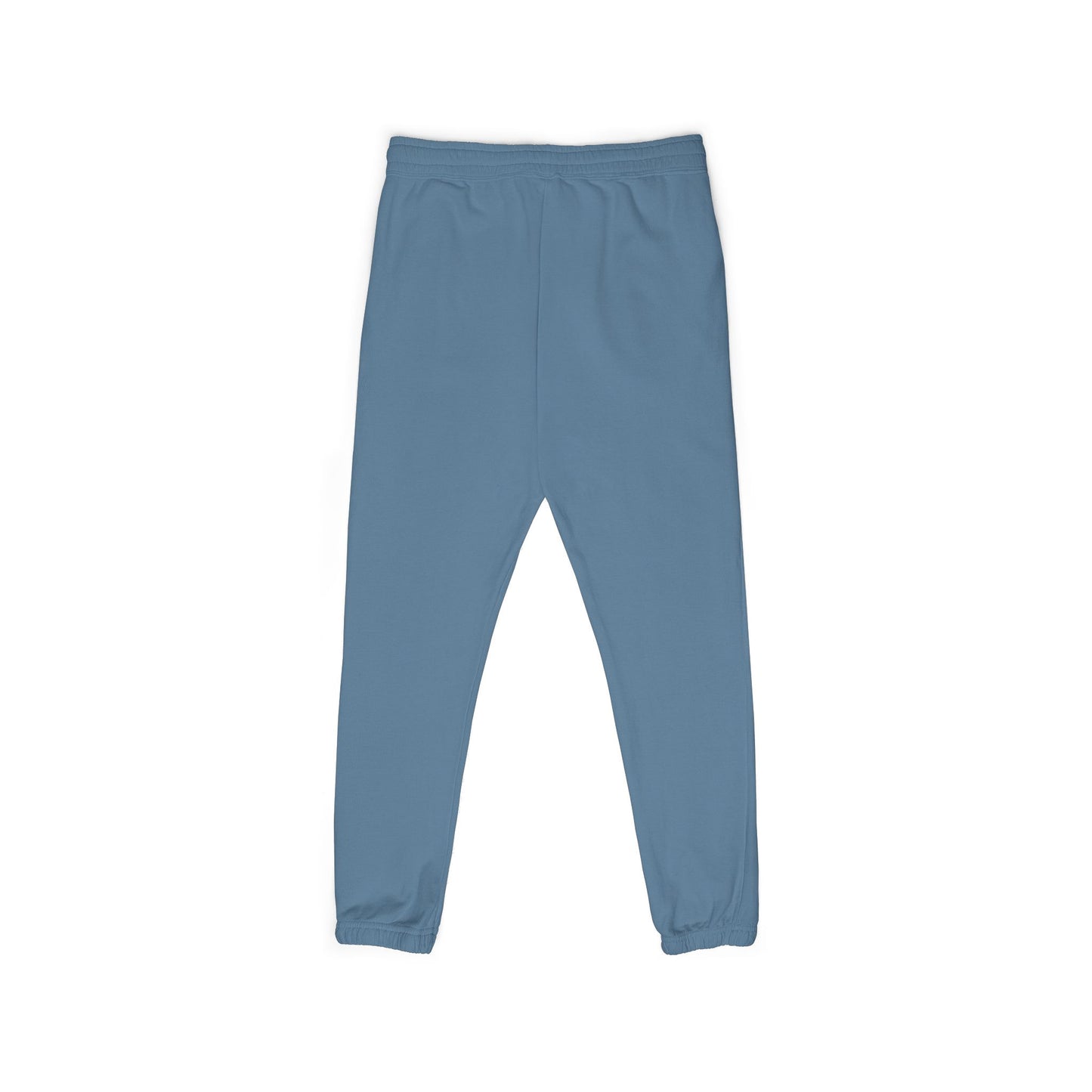Front flat lay view of medium blue Zeta Vertical Script Sweatpants, cozy fleece joggers