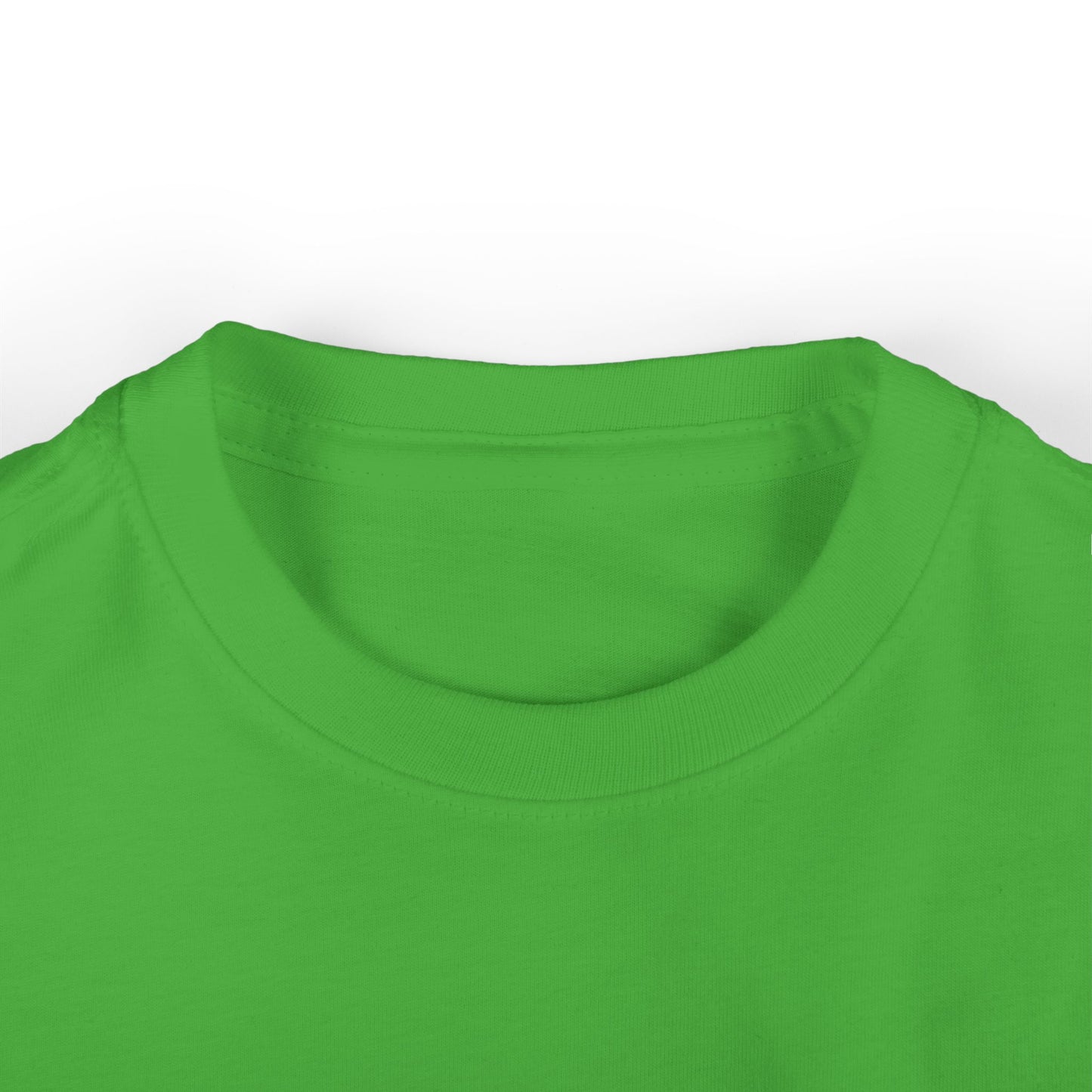 Close-up ribbed collar on bright green 'Mountain Biker in training' infant tee
