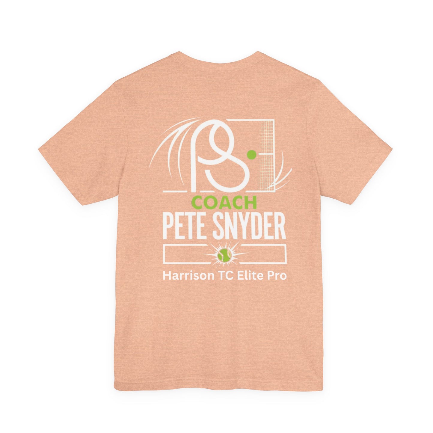 Close-up flat back of peach tee showing racket design, "COACH PETE SNYDER" bold white, "Harrison TC Elite Pro"