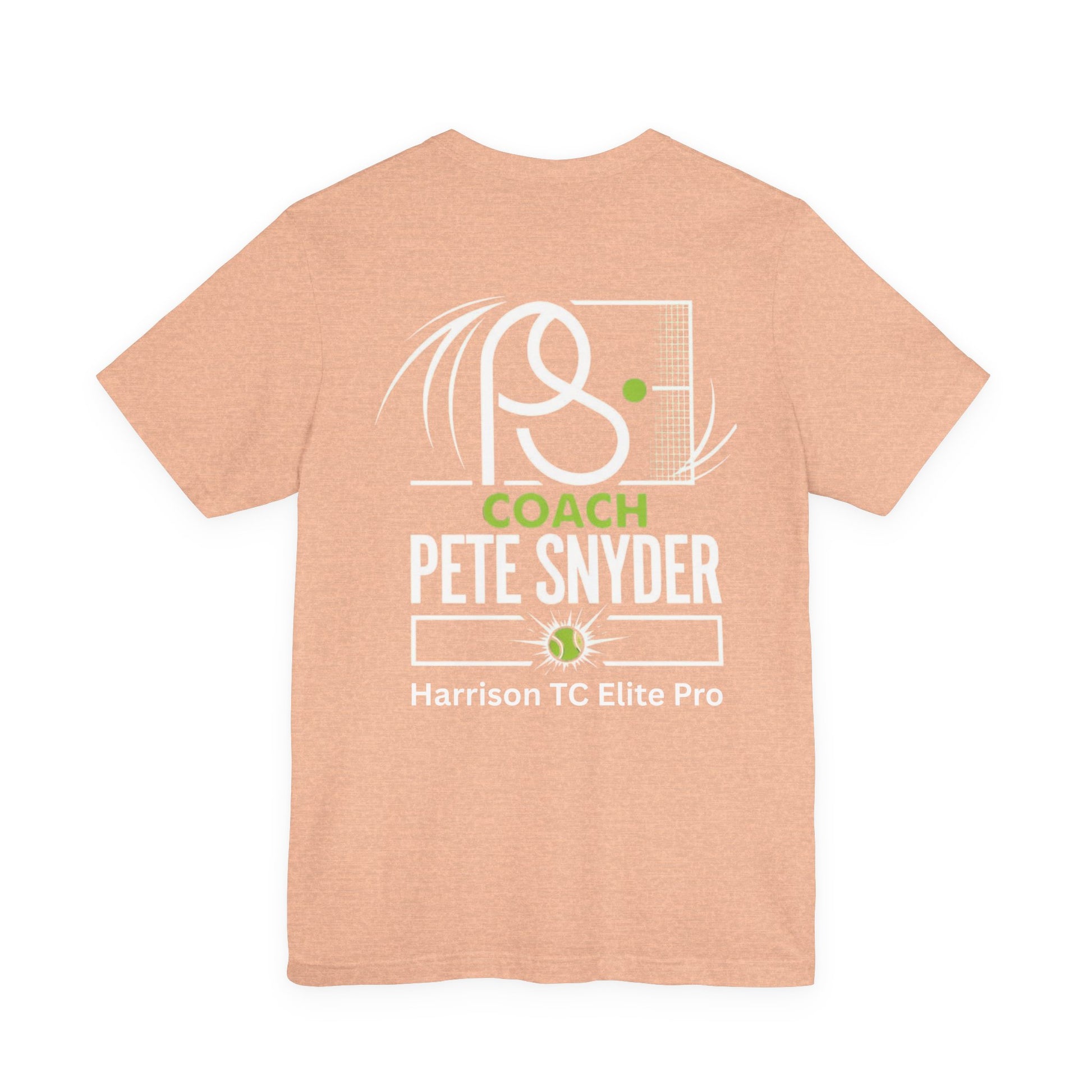 Close-up flat back of peach tee showing racket design, "COACH PETE SNYDER" bold white, "Harrison TC Elite Pro"