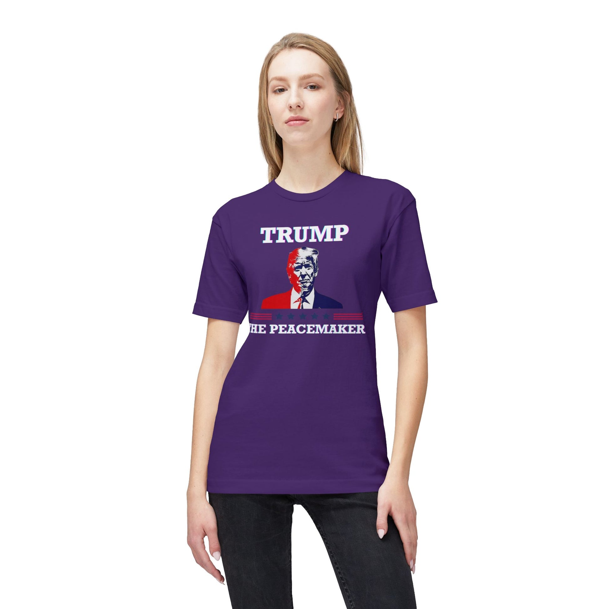 Model in front-facing purple tee with white "TRUMP" text, Trump portrait, "HE PEACEMAKER" below
