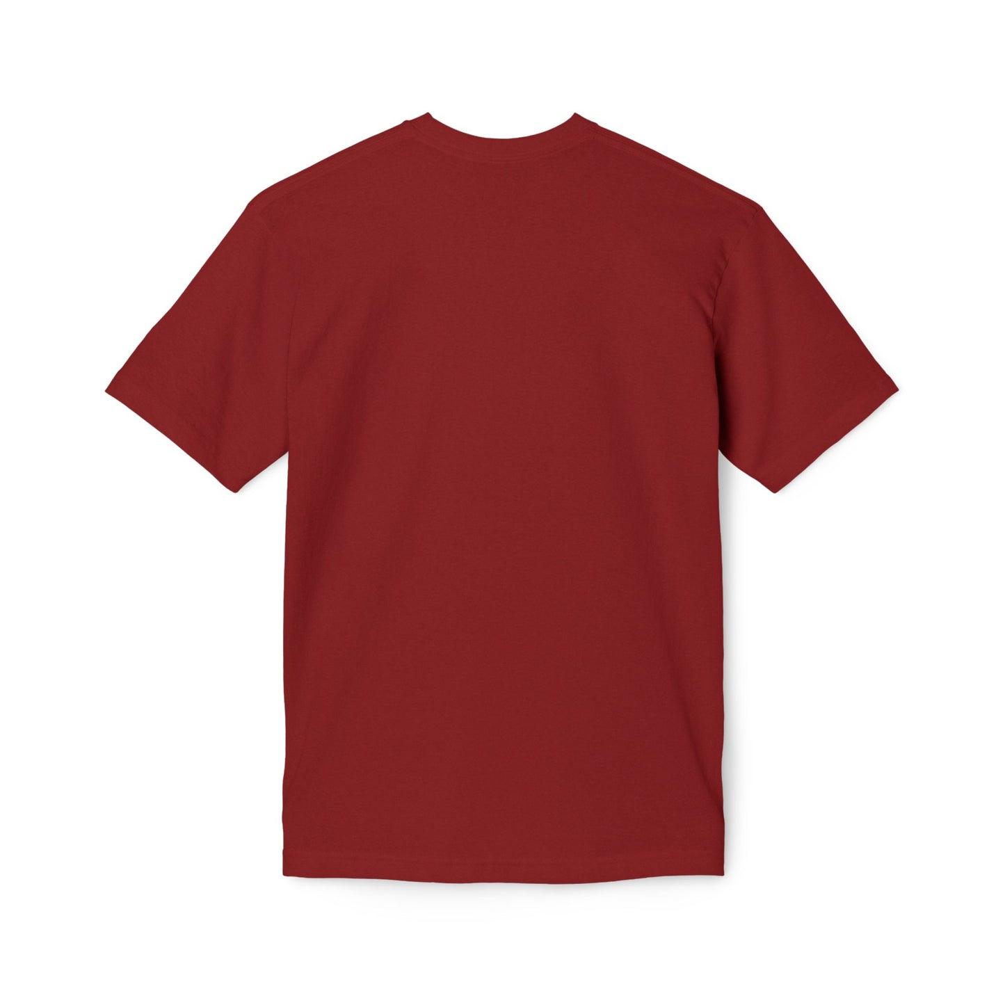 Back view of maroon short-sleeve tee, moody and made for memes
