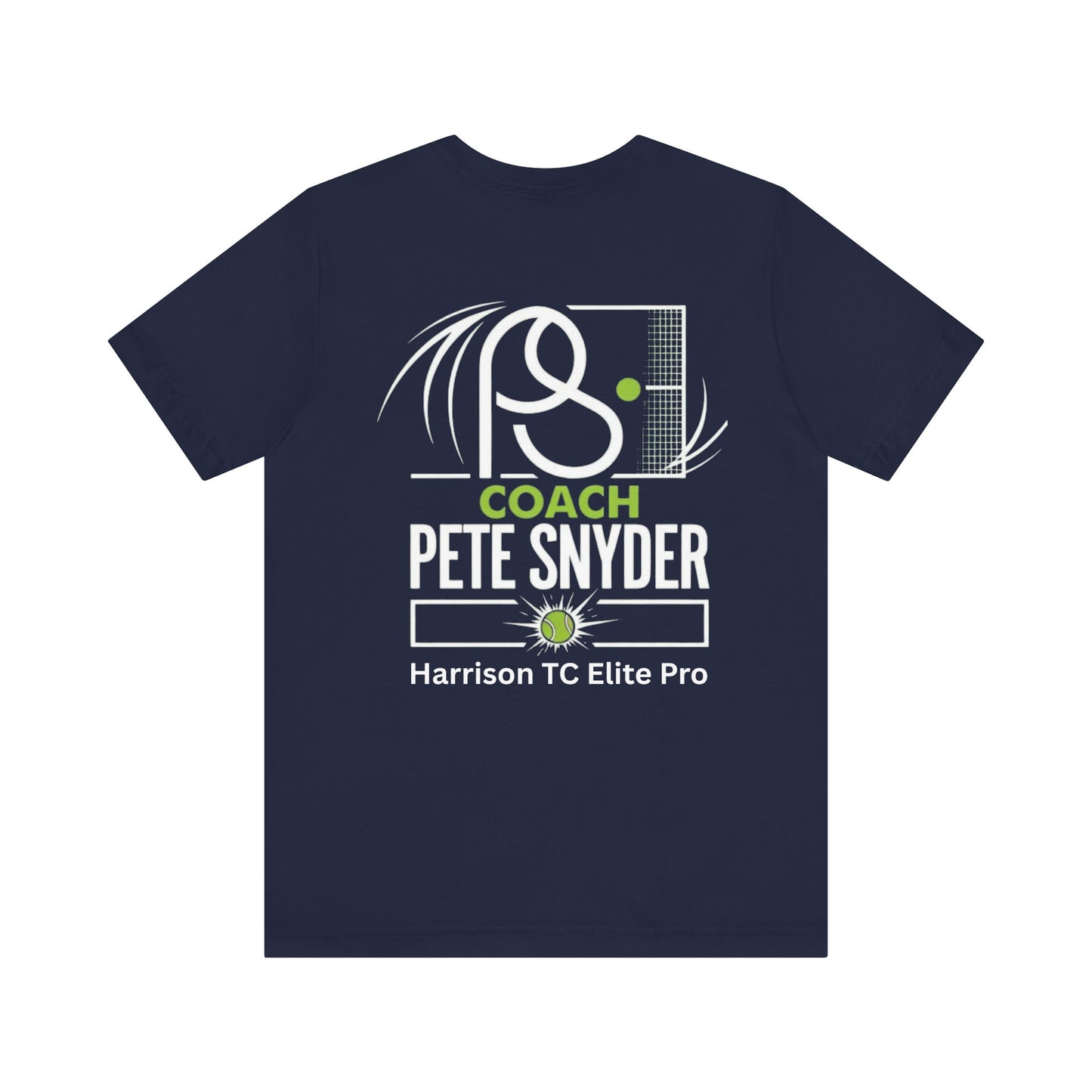 Back view of navy Coach Pete Snyder tennis tee with white racket "PⓈ", "COACH PETE SNYDER" and "Harrison TC Elite Pro"