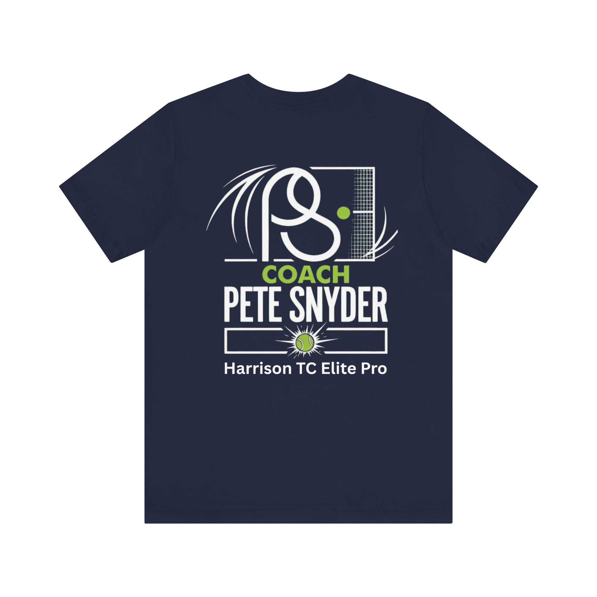 Back view of navy Coach Pete Snyder tennis tee with white racket "PⓈ", "COACH PETE SNYDER" and "Harrison TC Elite Pro"