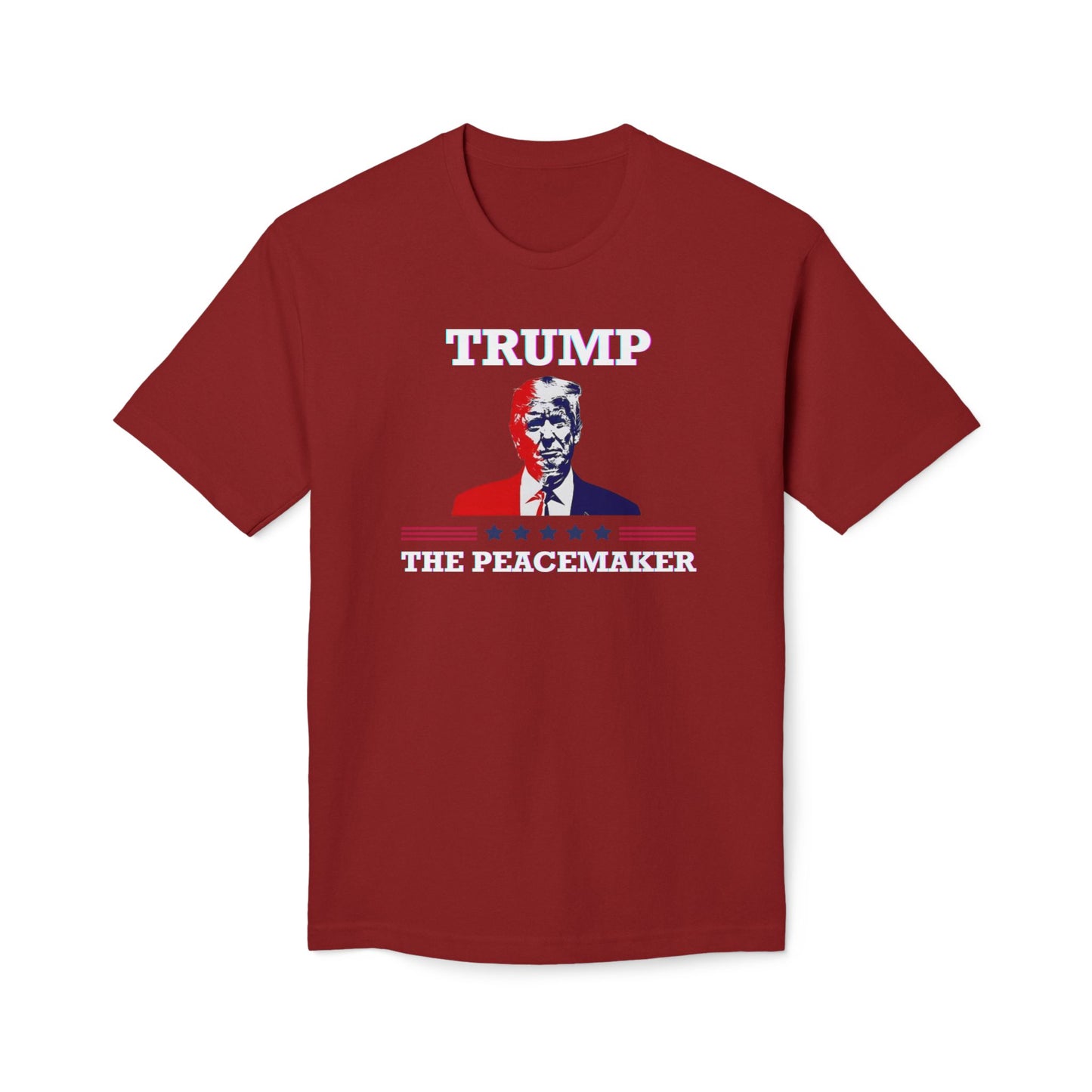 Front view of maroon "Trump The Peacemaker" t-shirt, white print with Trump portrait and flag accents