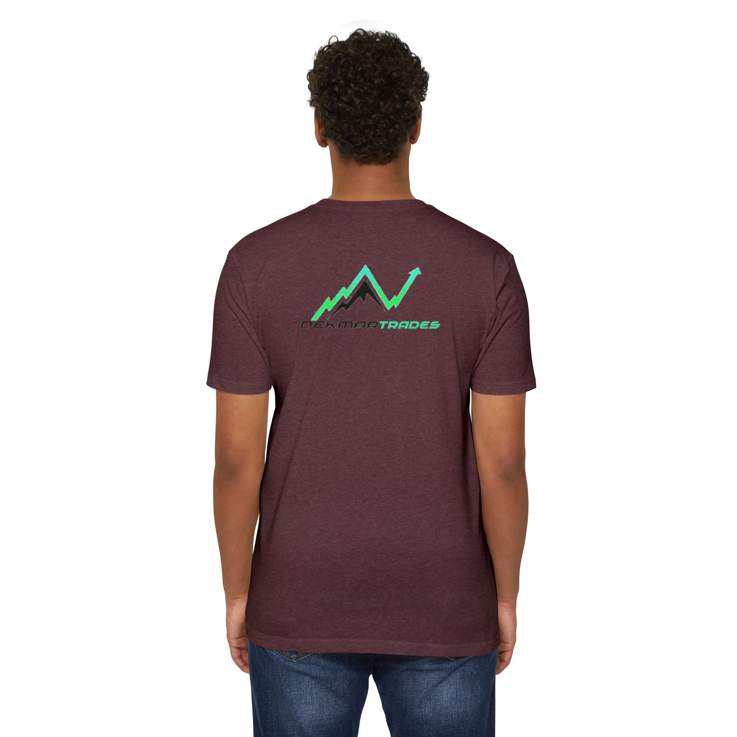 Back view of man in maroon heather t-shirt with vibrant teal Peakman Trades peak graphic and up arrow