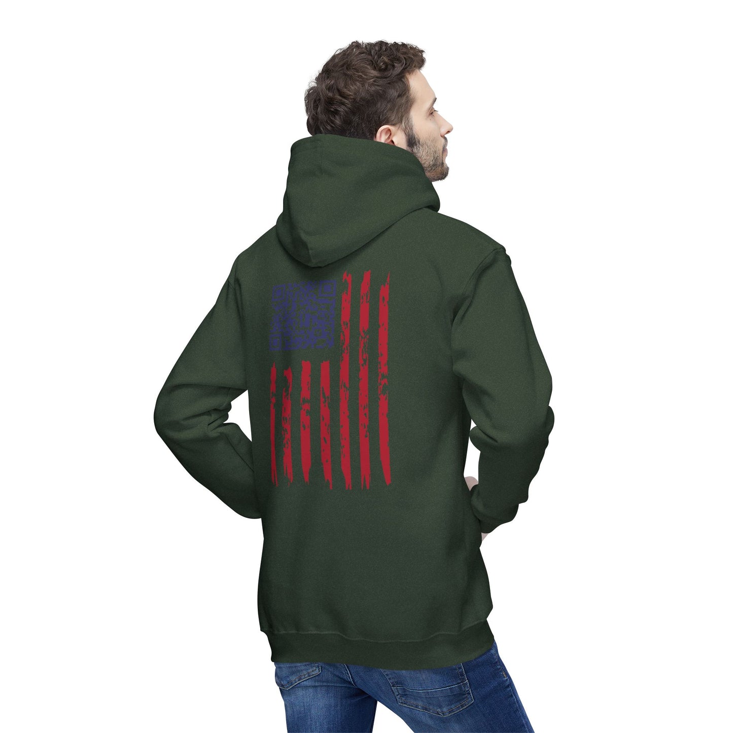 Side profile of man modeling hunter green hoodie back with distressed flag and QR scan