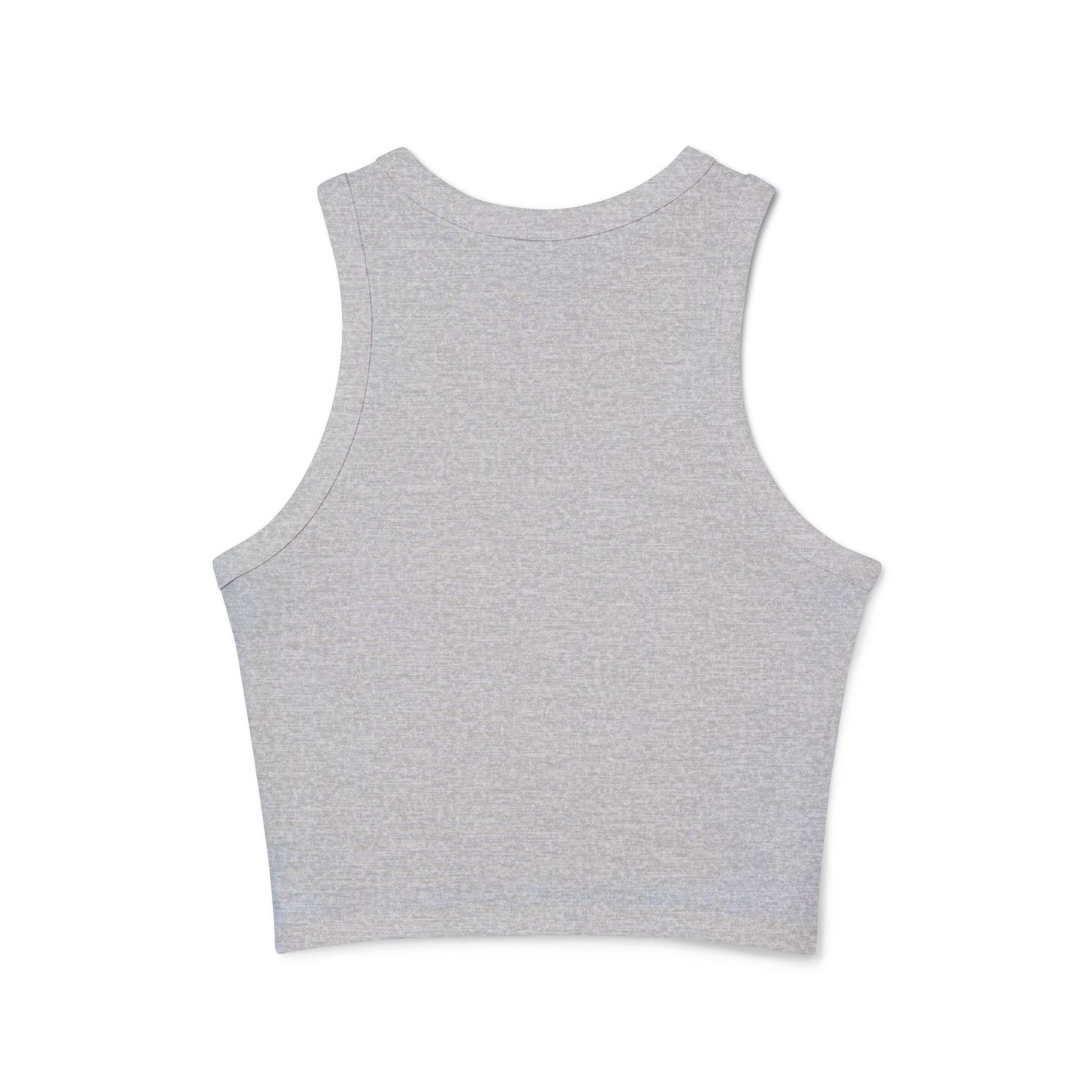 Back view of plain heather gray racerback crop tank, simple straps and fit
