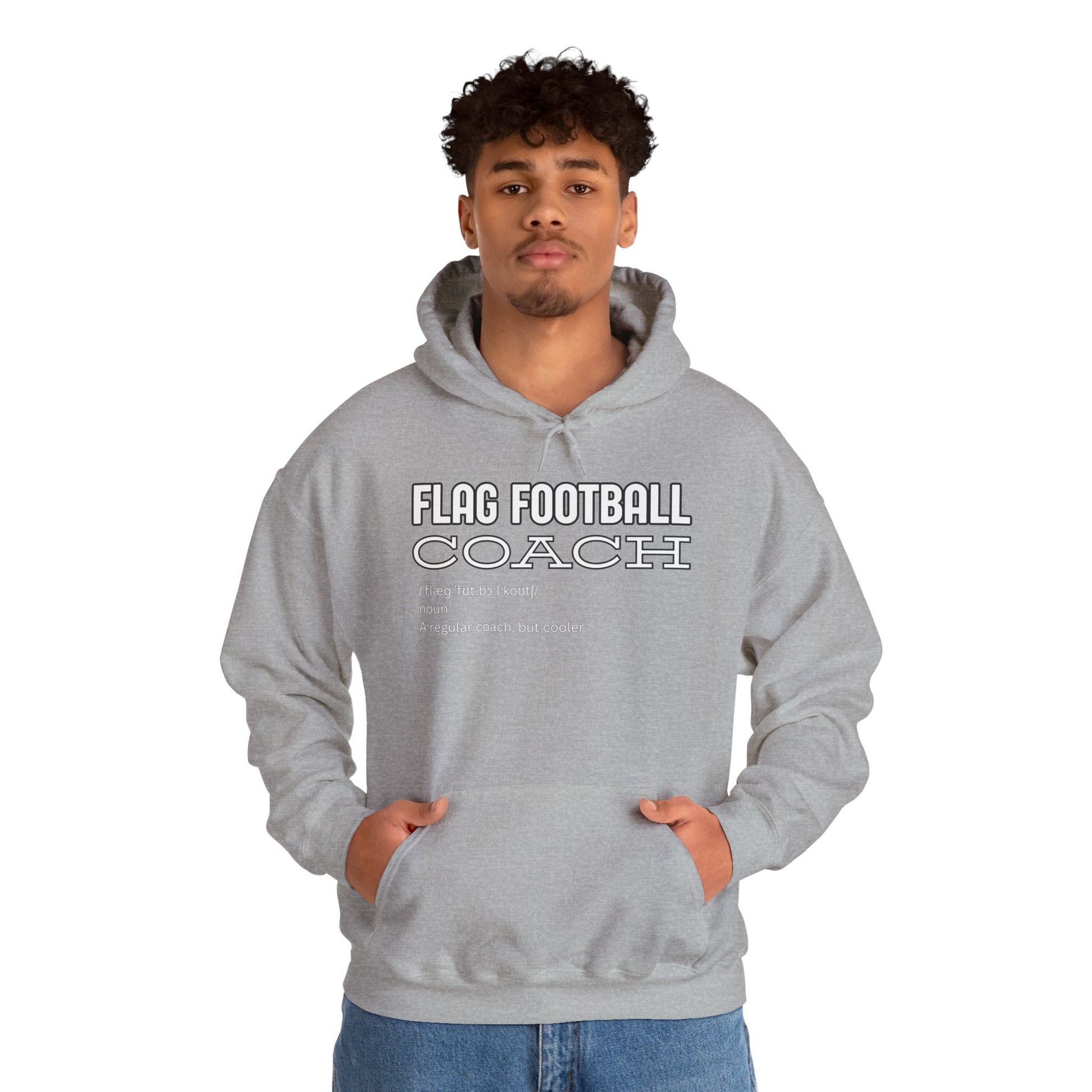 Male model in sport grey Flag Football Coach hoodie front view, white print and pocket swagger