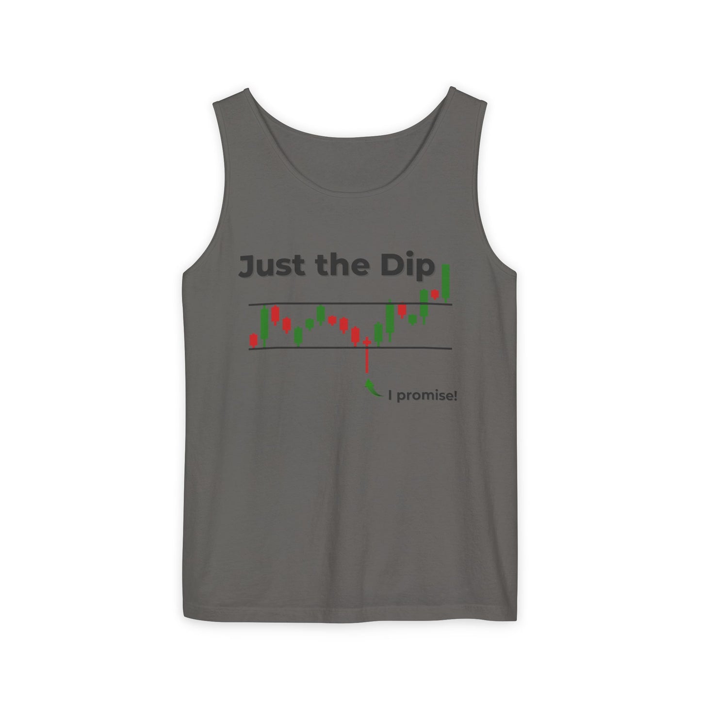 Front view of gray "Just the Dip" trader tank top, candlestick plunge to "I promise!" green arrow