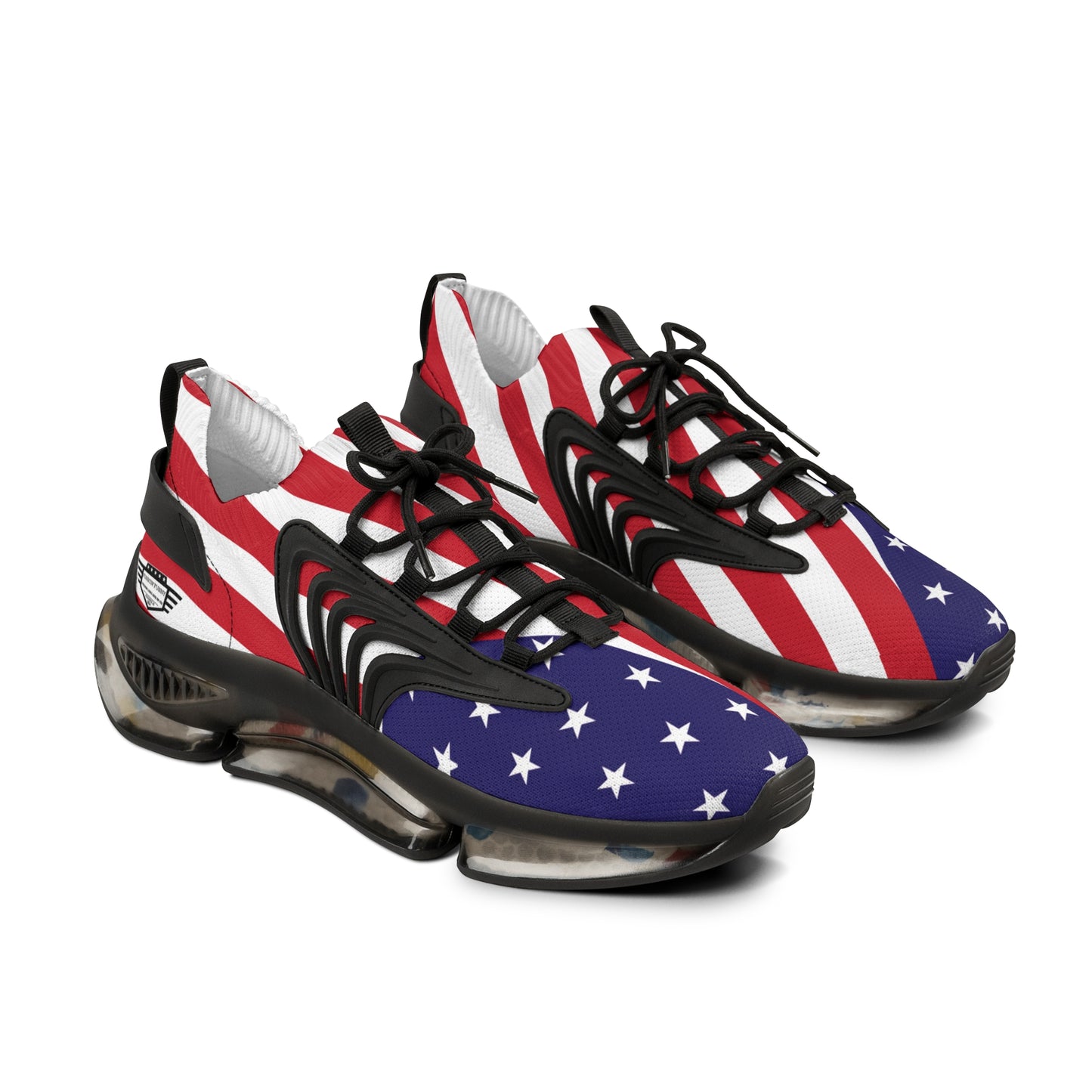 Angled front view of USA flag mesh sneakers pair, red-white-blue print, black laces, dark chunky sole ready to rumble