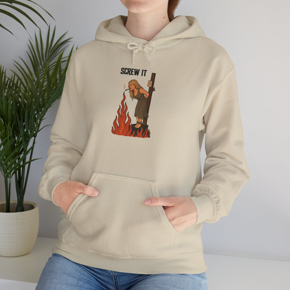Screw It Hoodie – Funny Retro Character Flaming Witch Graphic Sweatshirt