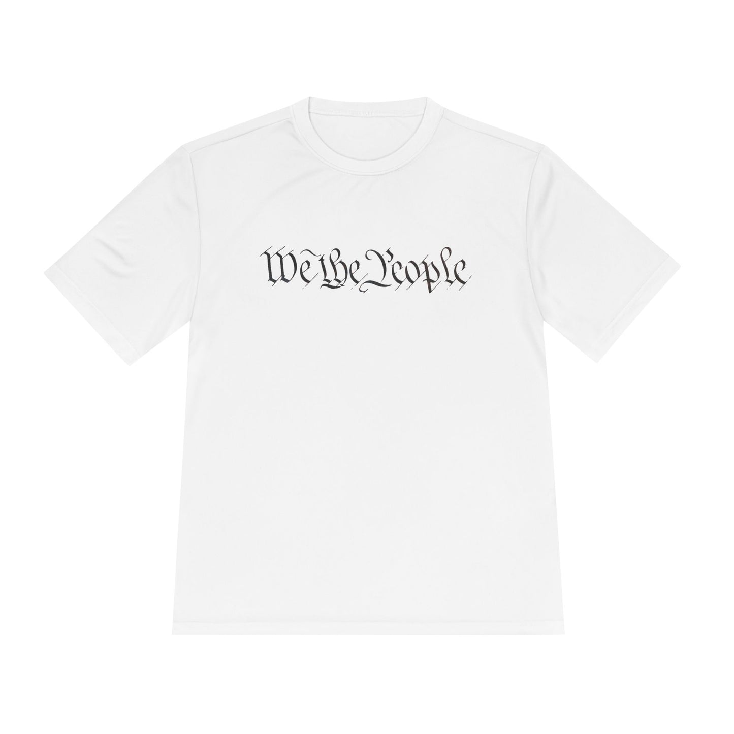 Front view of white moisture-wicking tee with black cursive "We the People" print hiding QR easter egg