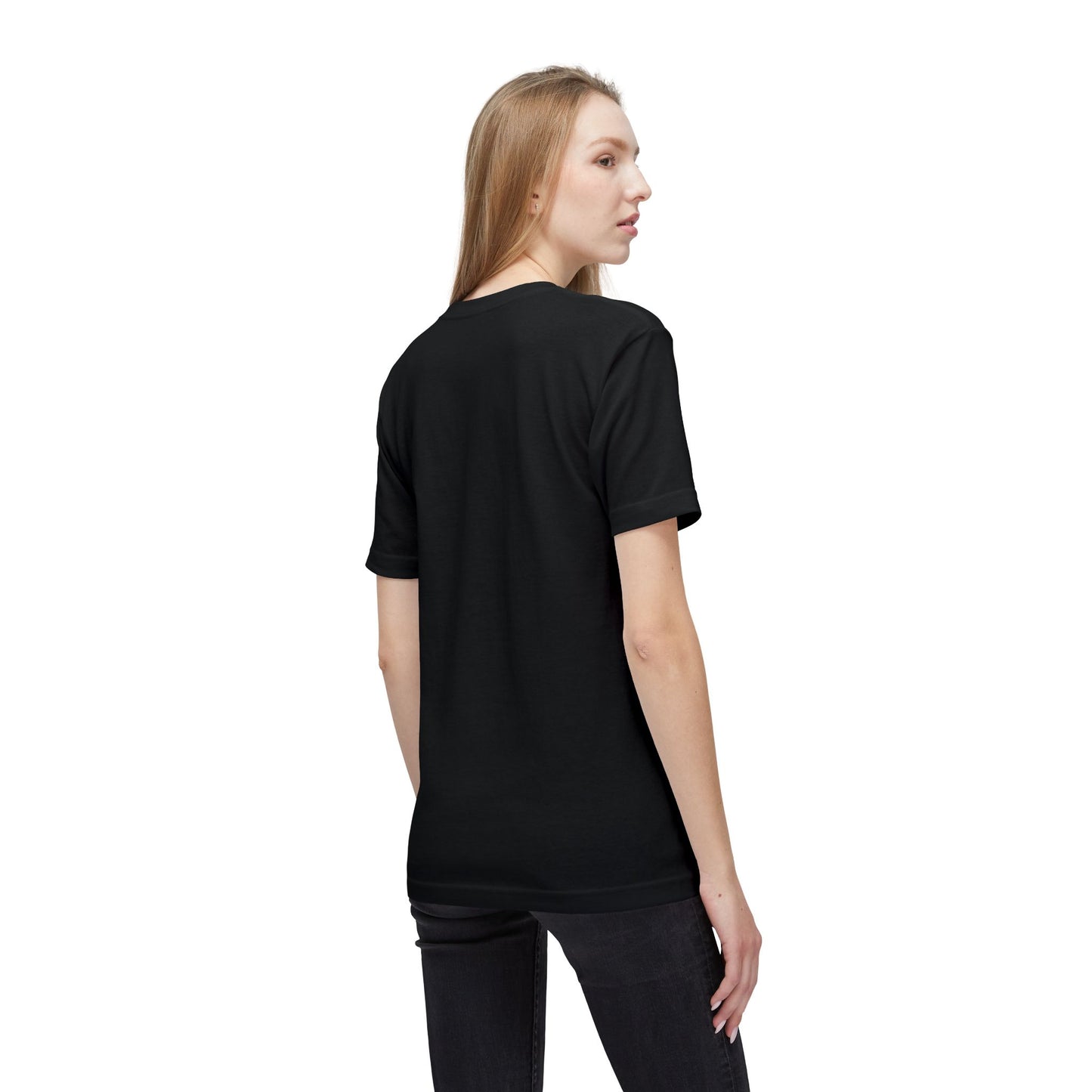 Side back view of model in plain black tee over jeans, effortlessly cool