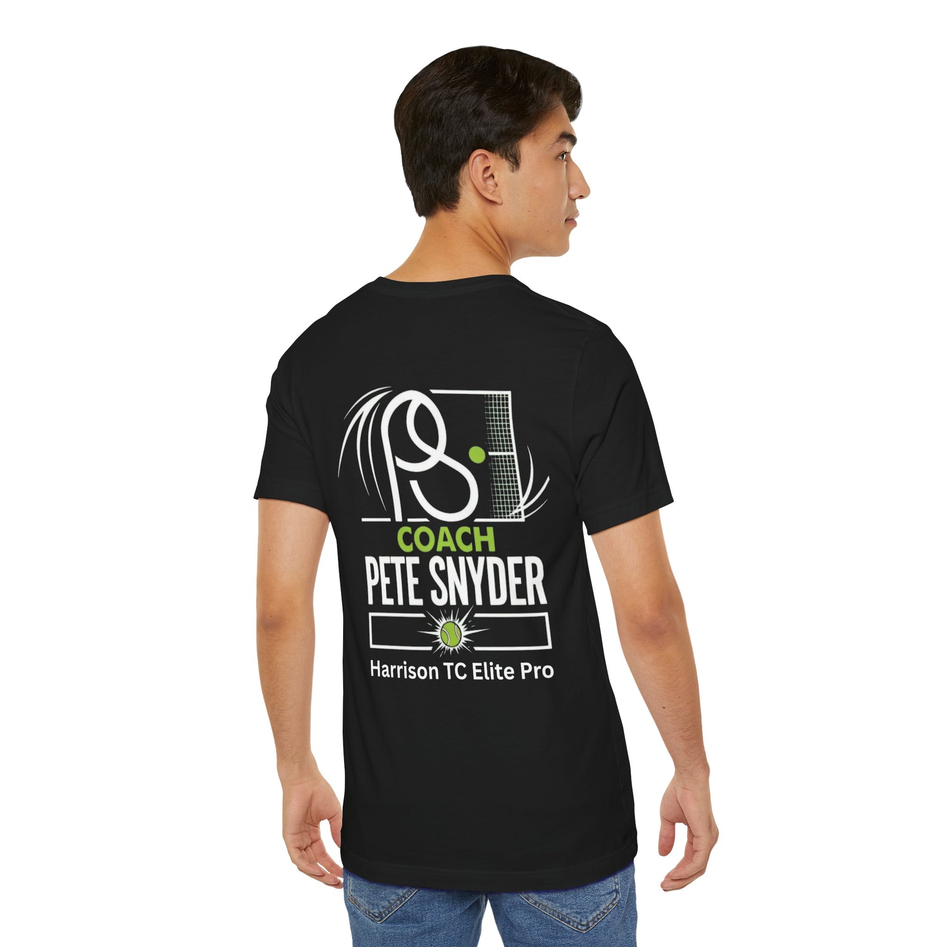 Back-side view of male model in black tee, showing racquet "COACH PETE SNYDER" print and Harrison TC Elite Pro