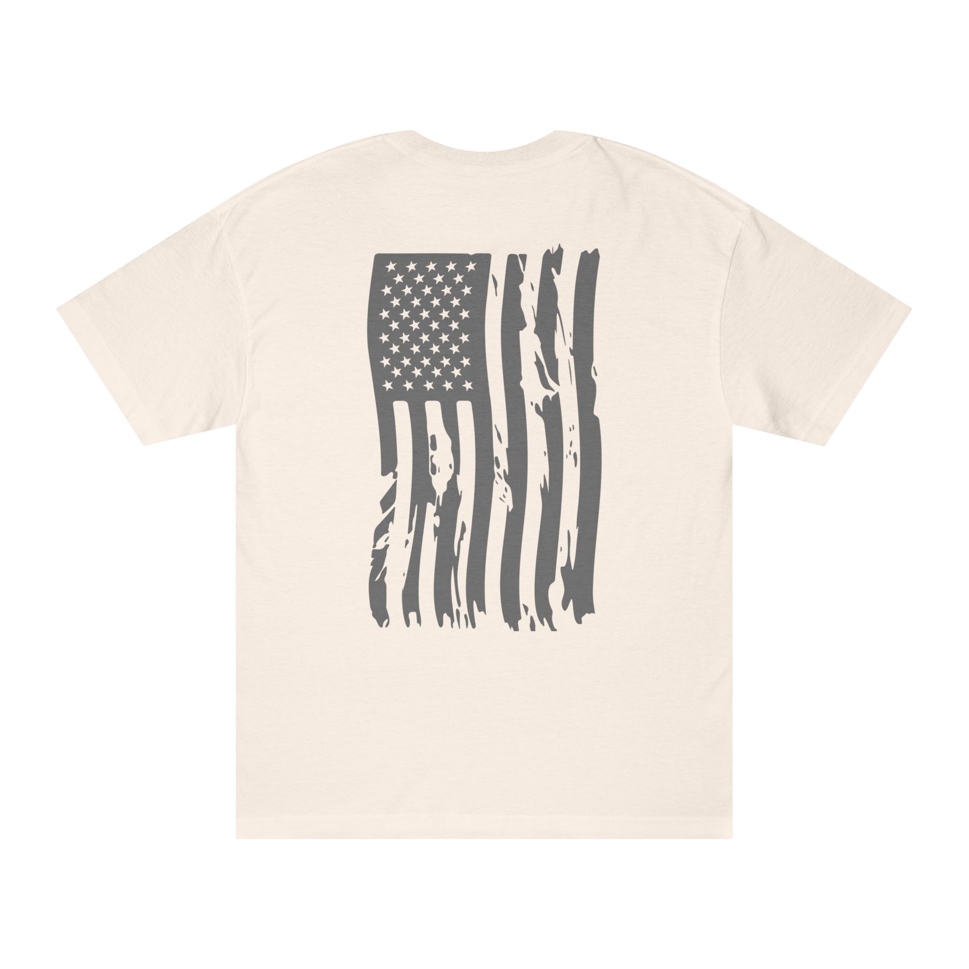 Woman with braids in white 'Paws for Freedom' tee front, shaded dog surrounded by festive paws