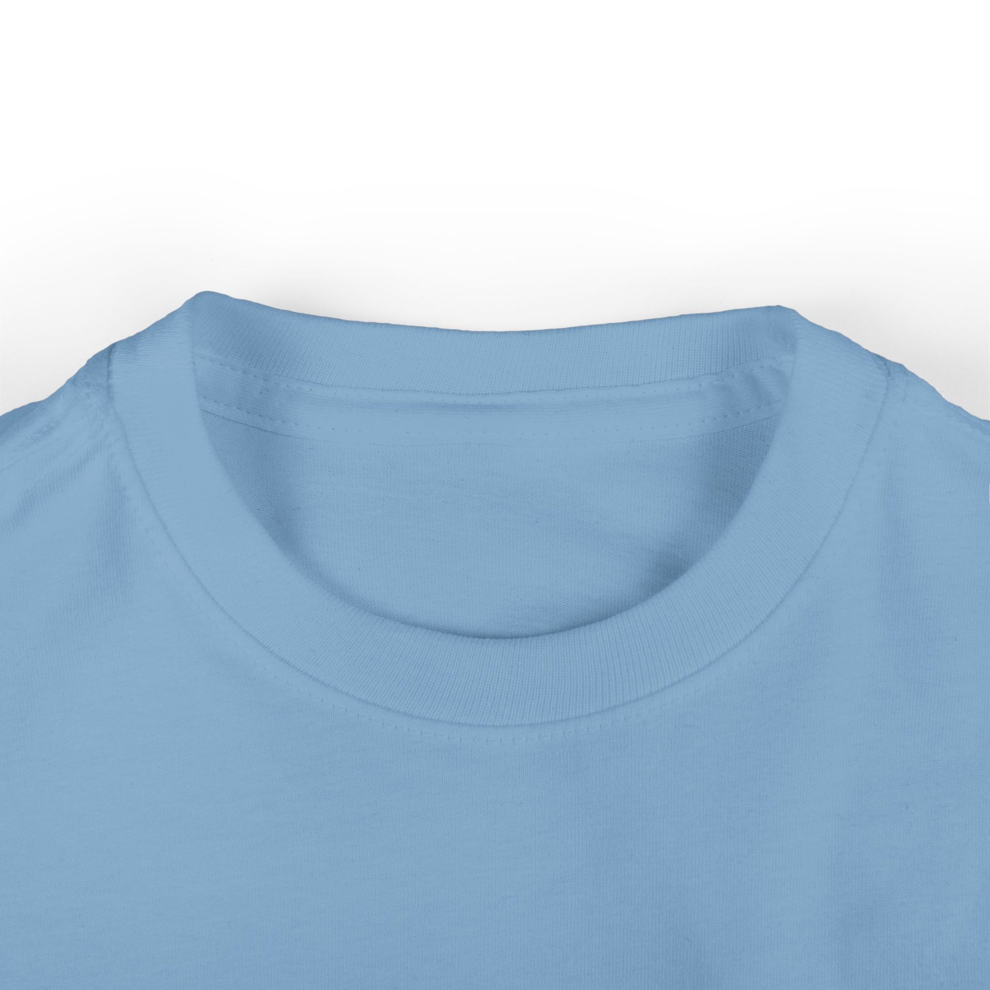 Close-up ribbed collar on light blue 'Mountain Biker in training' infant tee