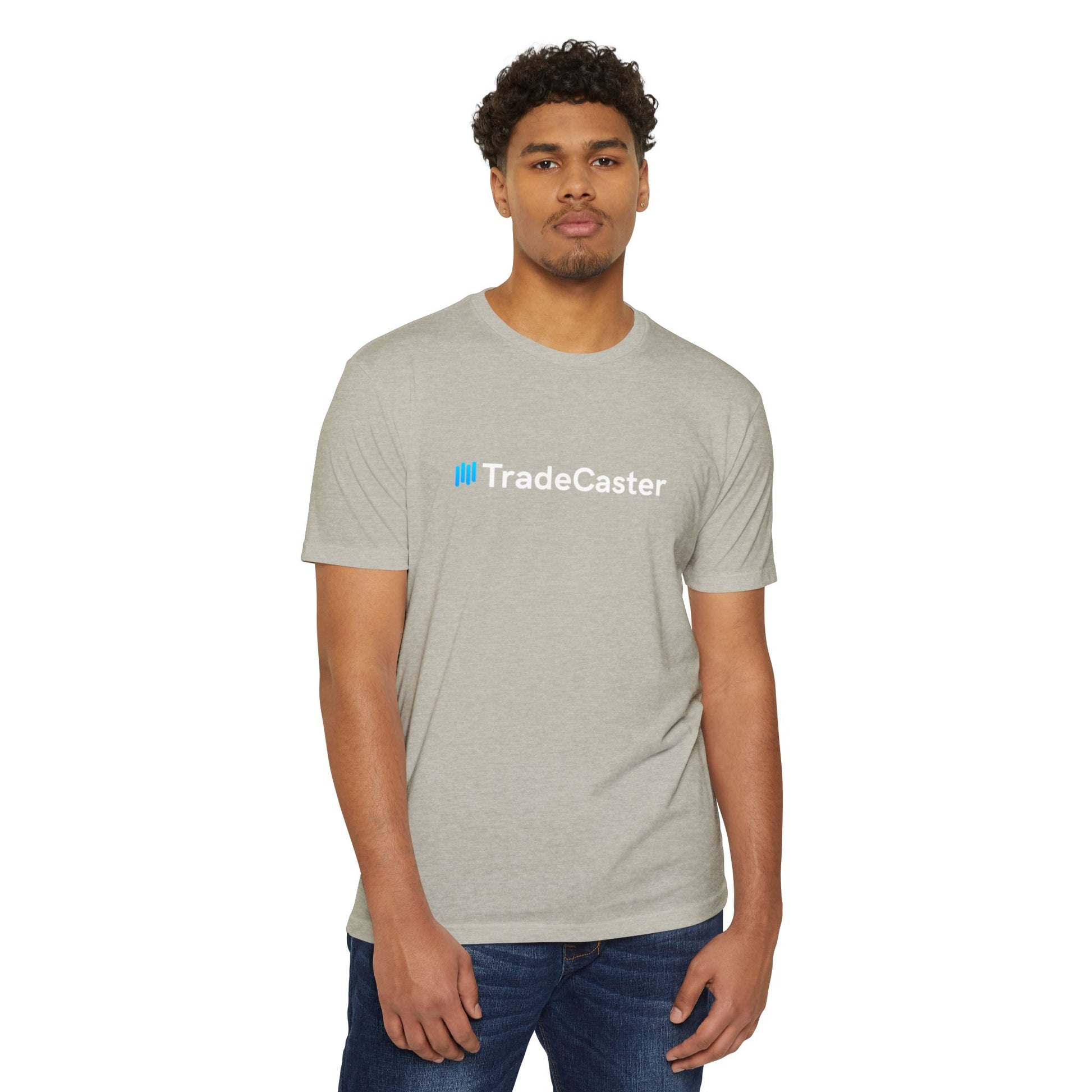 Male model rocking heather gray TradeCaster t-shirt front, cyan logo popping on casual fit