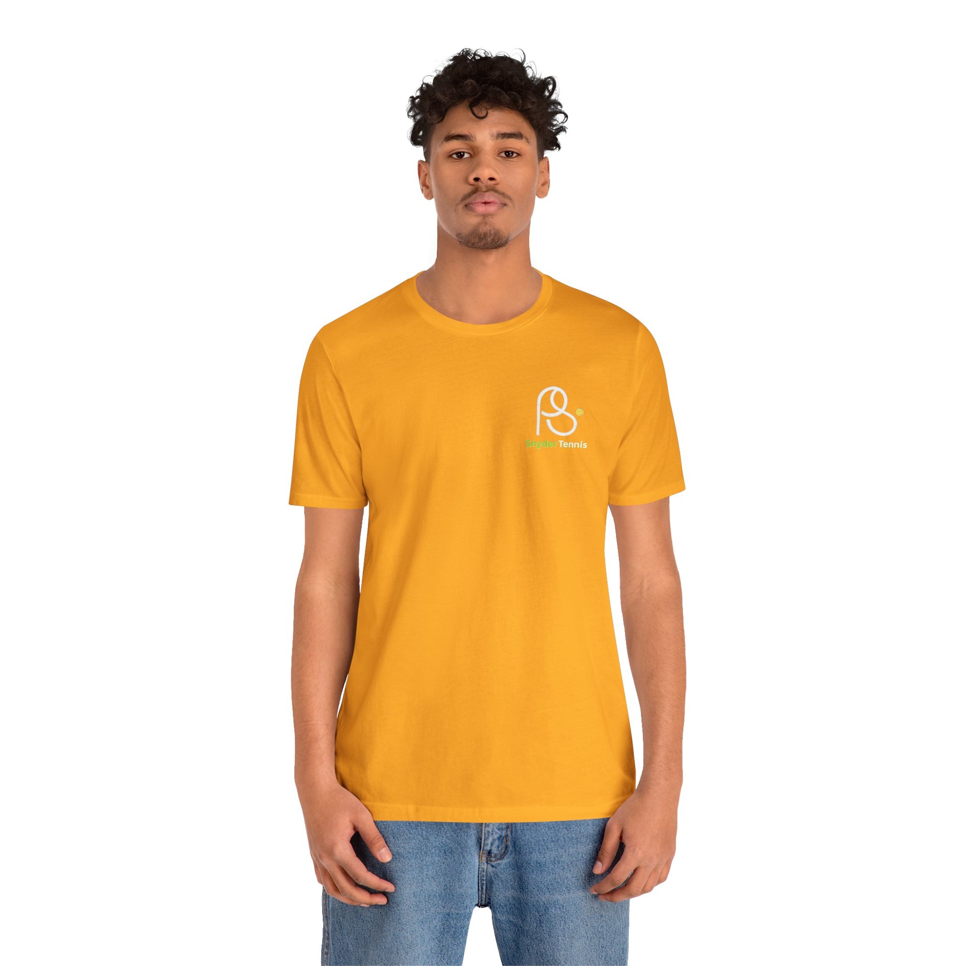 Male model in gold Coach Pete Snyder tennis tee, front view with white P Tennis chest logo