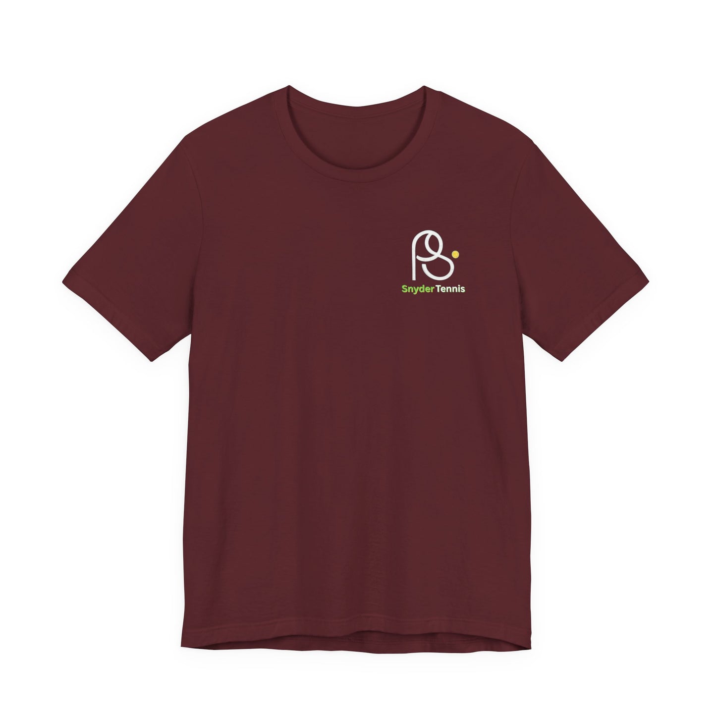 Front view maroon tee with white PS logo and green "Snyder Tennis" text on chest