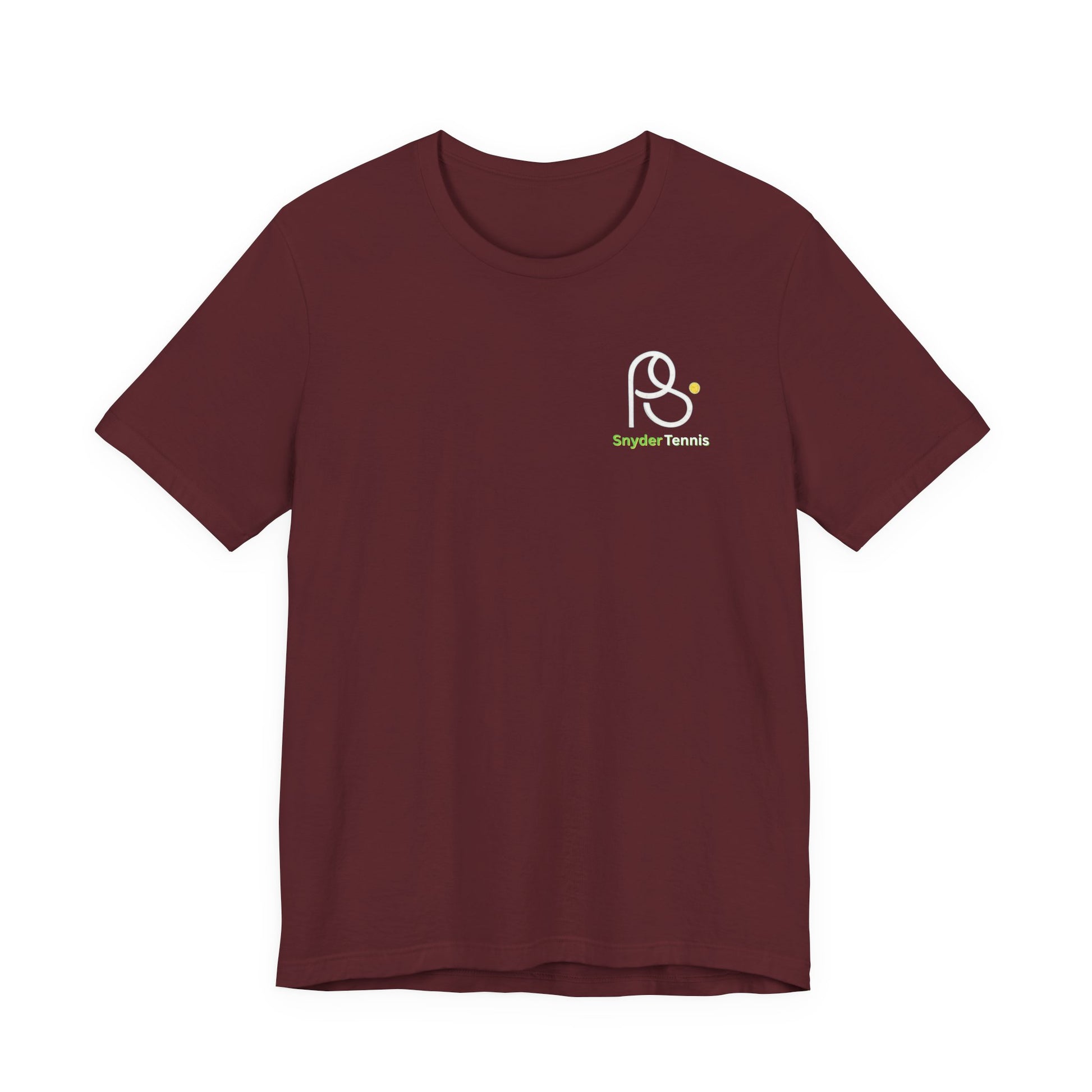 Front view maroon tee with white PS logo and green "Snyder Tennis" text on chest