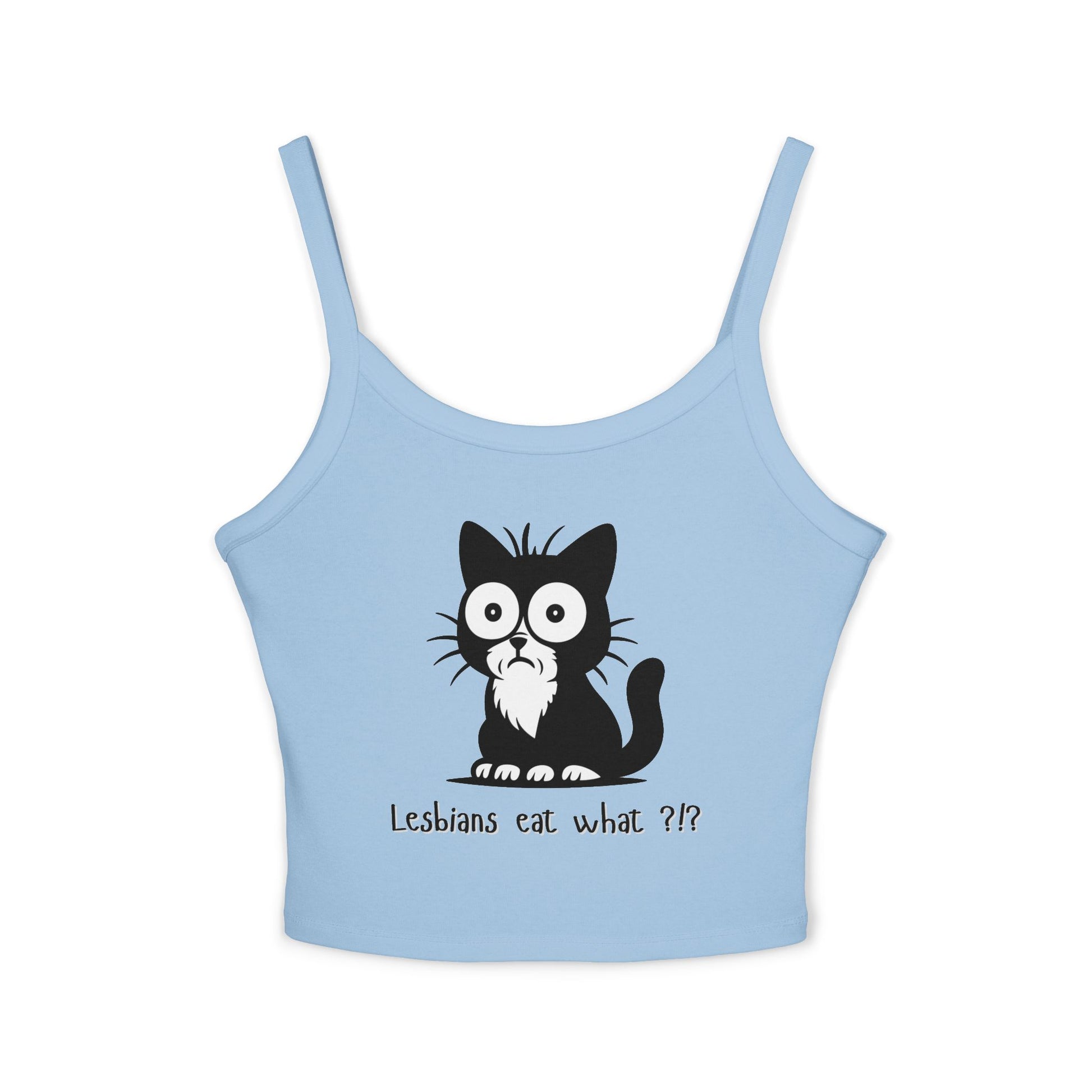 Front view of baby blue cropped tank featuring black cartoon cat and "Lesbians eat what??"